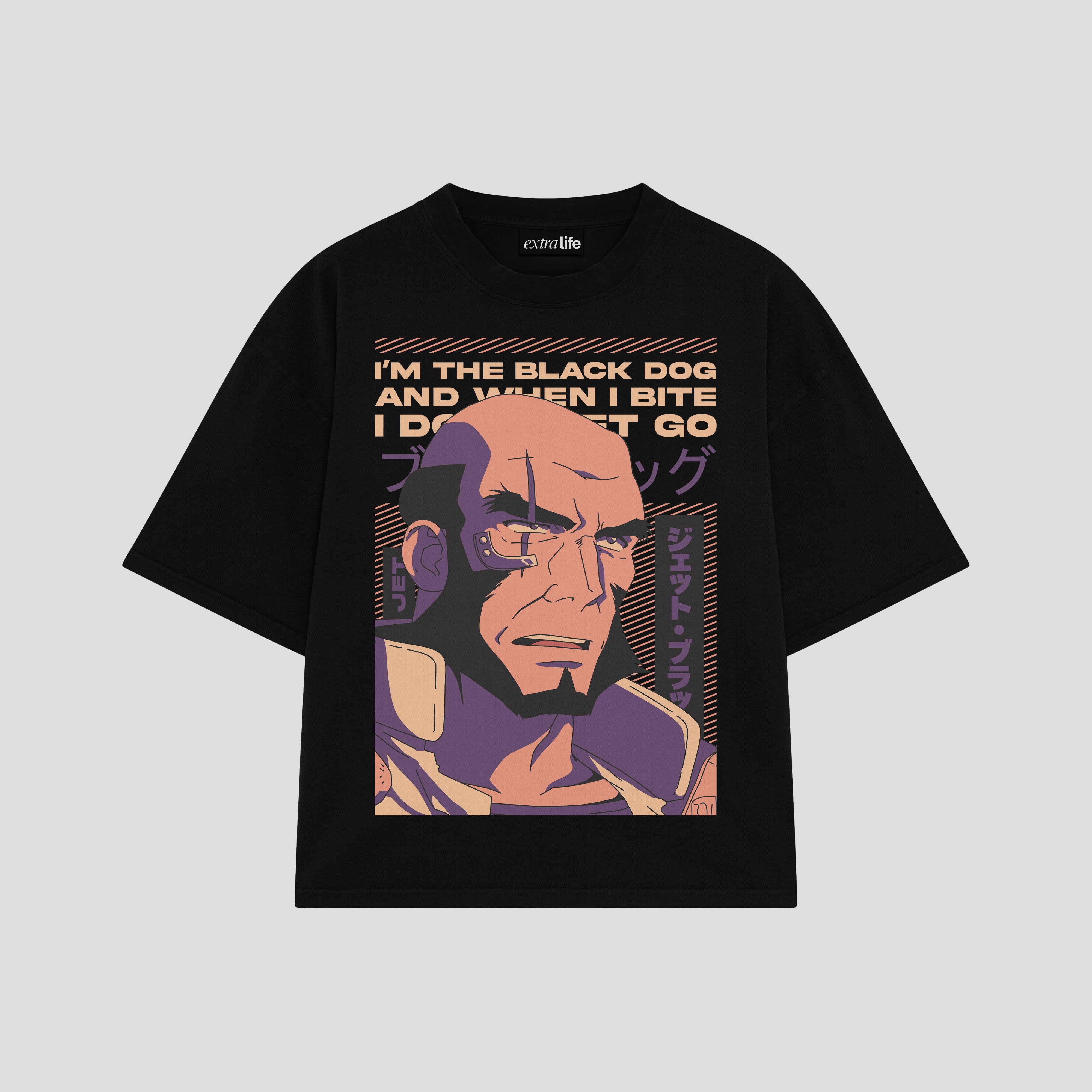 Playera streetwear premium de anime y gaming ExtraLife MX, corte boxy oversized drop shoulder heavyweight en color Deep Black y Off-White, moda urbana mexicana de culto.