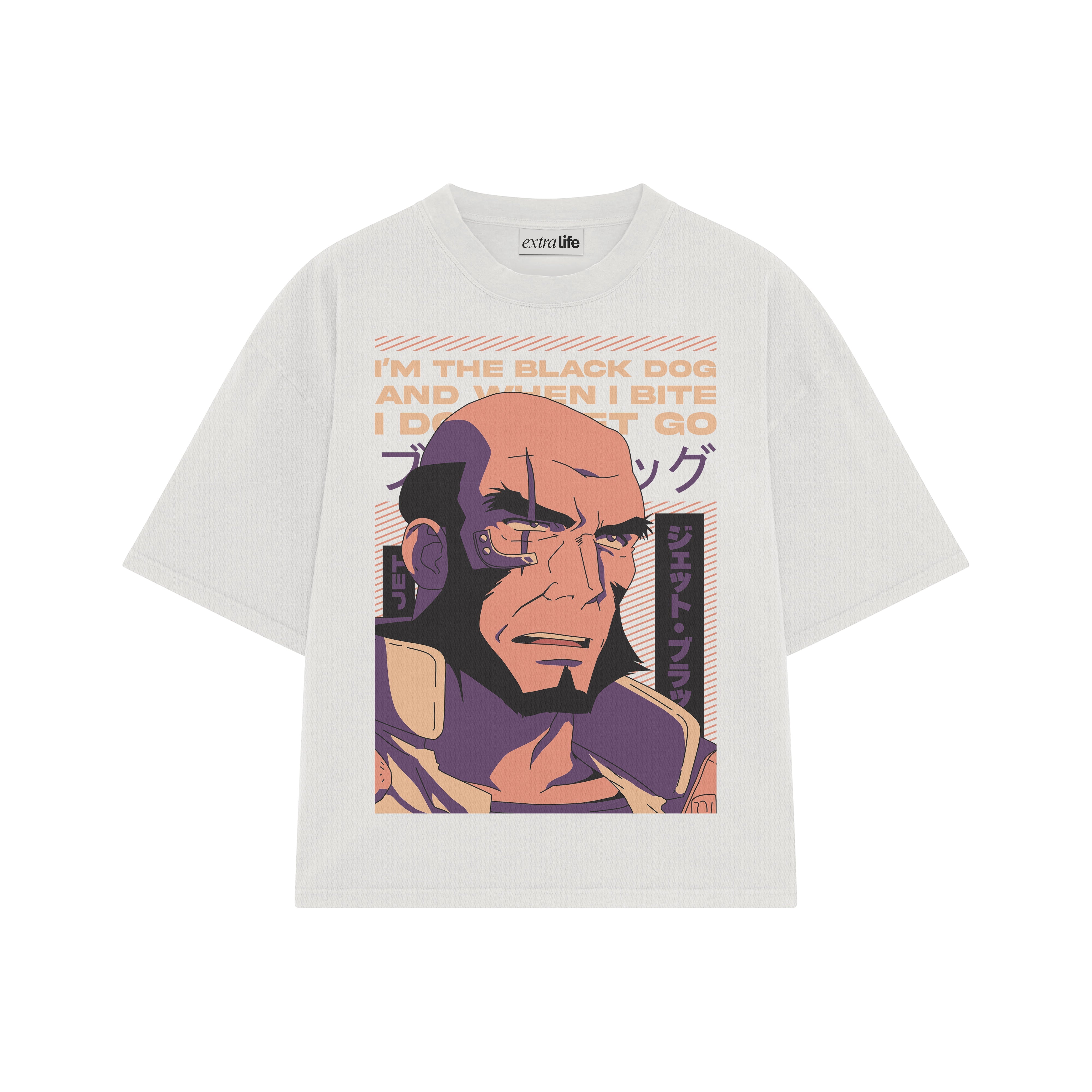 Playera streetwear premium de anime y gaming ExtraLife MX, corte boxy oversized drop shoulder heavyweight en color Deep Black y Off-White, moda urbana mexicana de culto.