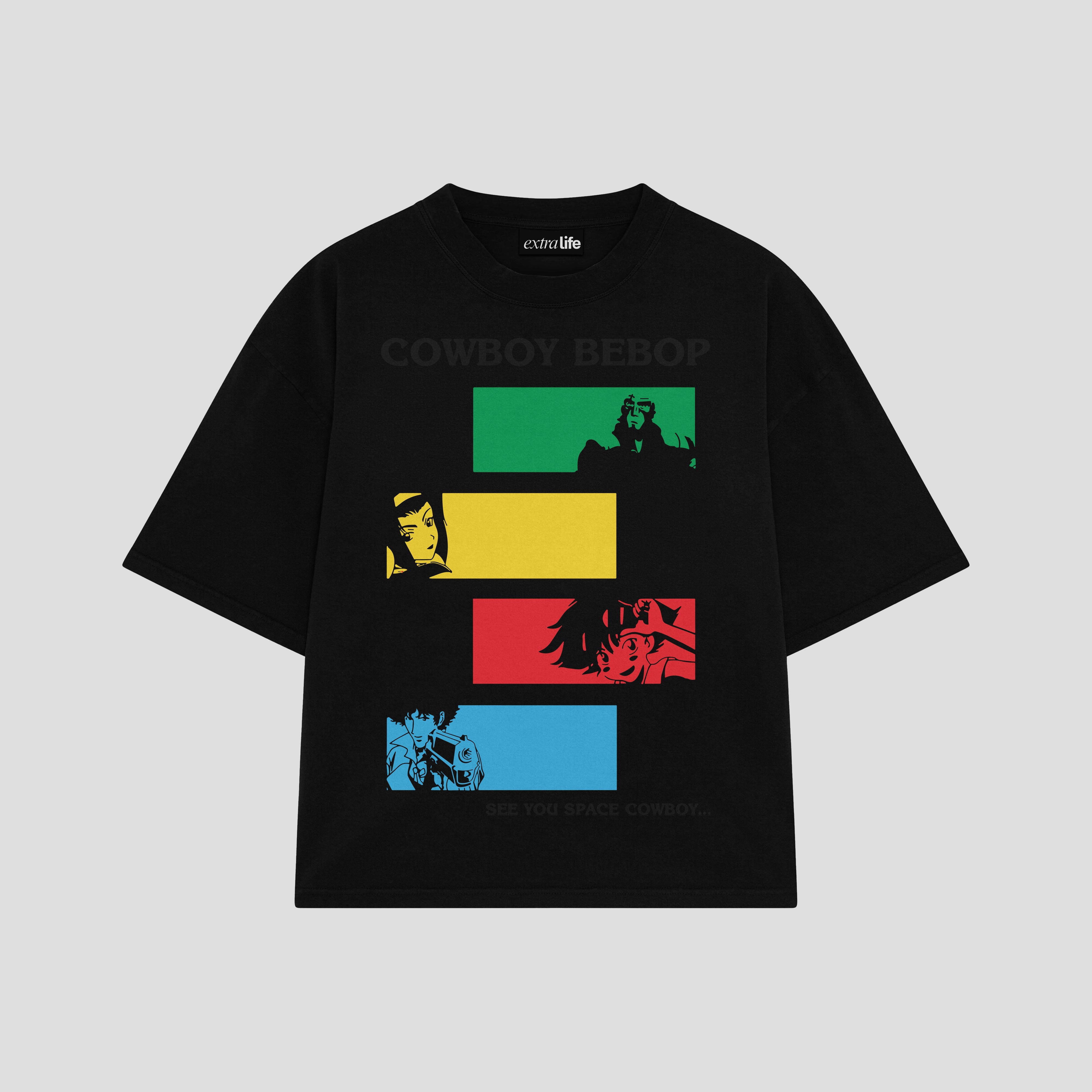 Playera streetwear premium de anime y gaming ExtraLife MX, corte boxy oversized drop shoulder heavyweight en color Deep Black y Off-White, moda urbana mexicana de culto.