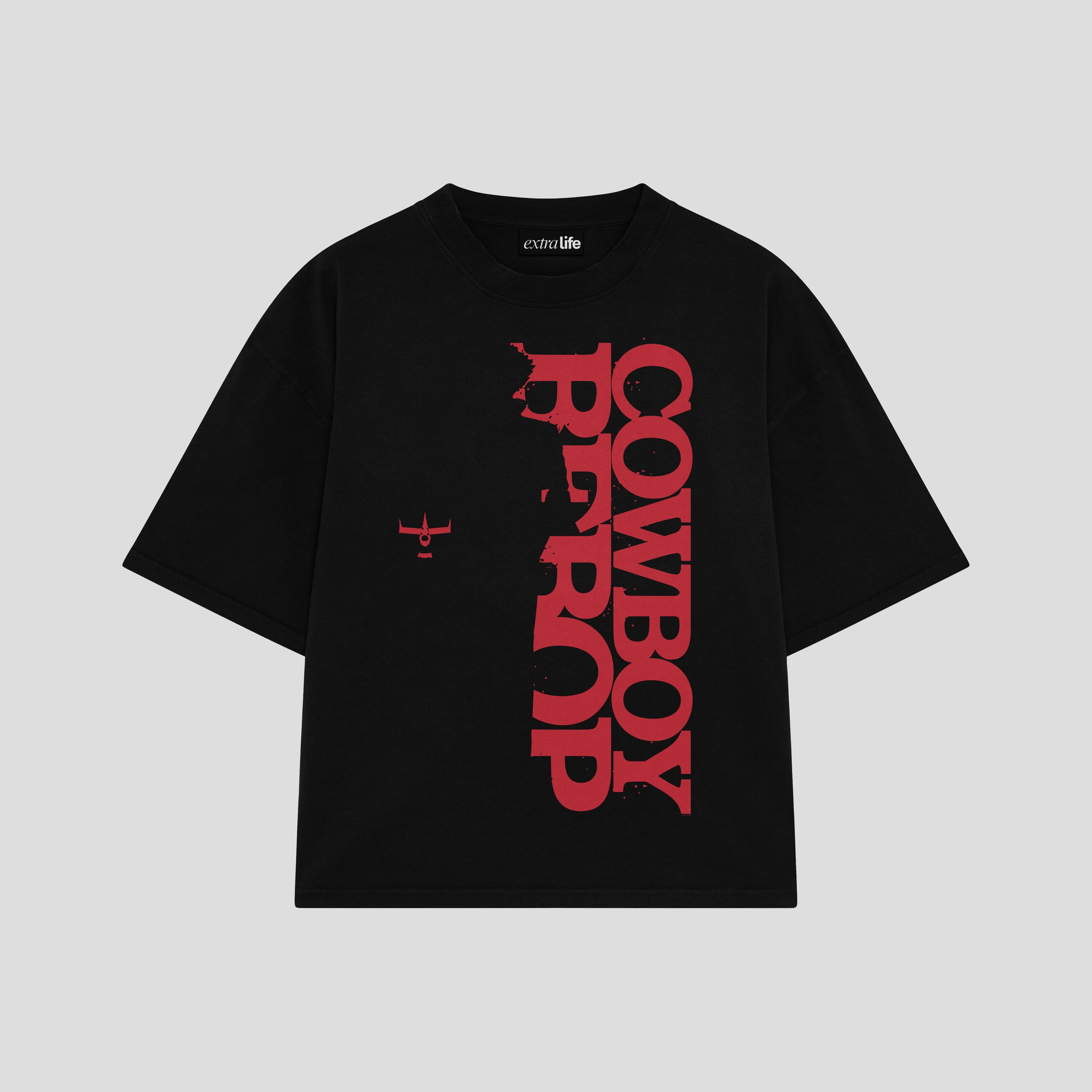 Playera streetwear premium de anime y gaming ExtraLife MX, corte boxy oversized drop shoulder heavyweight en color Deep Black y Off-White, moda urbana mexicana de culto.