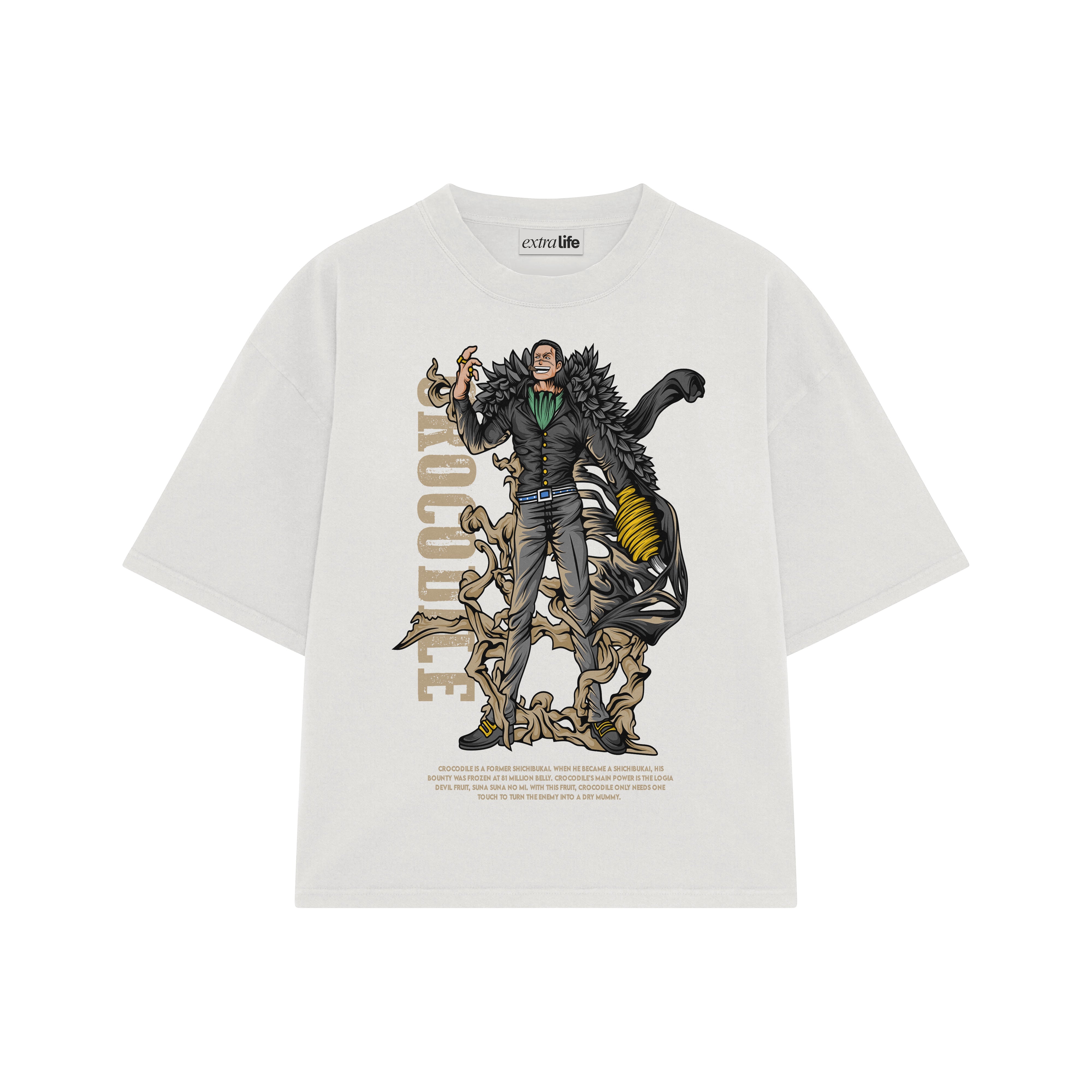 Playera streetwear premium de anime y gaming ExtraLife MX, corte boxy oversized drop shoulder heavyweight en color Deep Black y Off-White, moda urbana mexicana de culto.