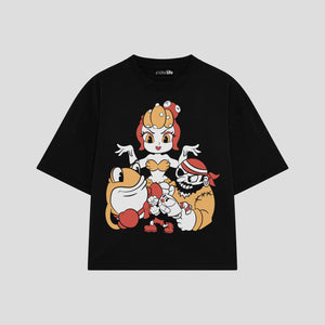 Playera streetwear premium de anime y gaming ExtraLife MX, corte boxy oversized drop shoulder heavyweight en color Deep Black y Off-White, moda urbana mexicana de culto.