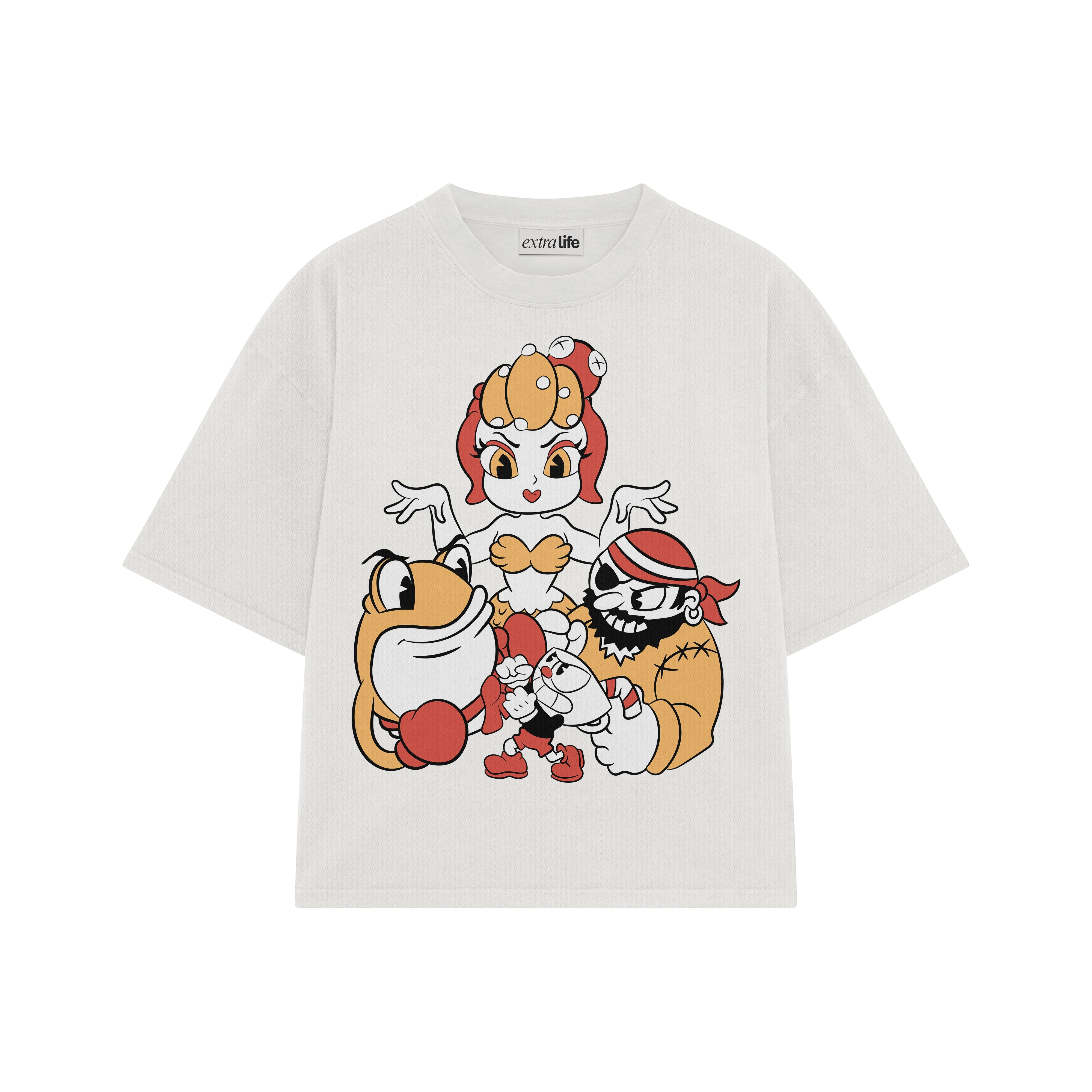 Playera streetwear premium de anime y gaming ExtraLife MX, corte boxy oversized drop shoulder heavyweight en color Deep Black y Off-White, moda urbana mexicana de culto.