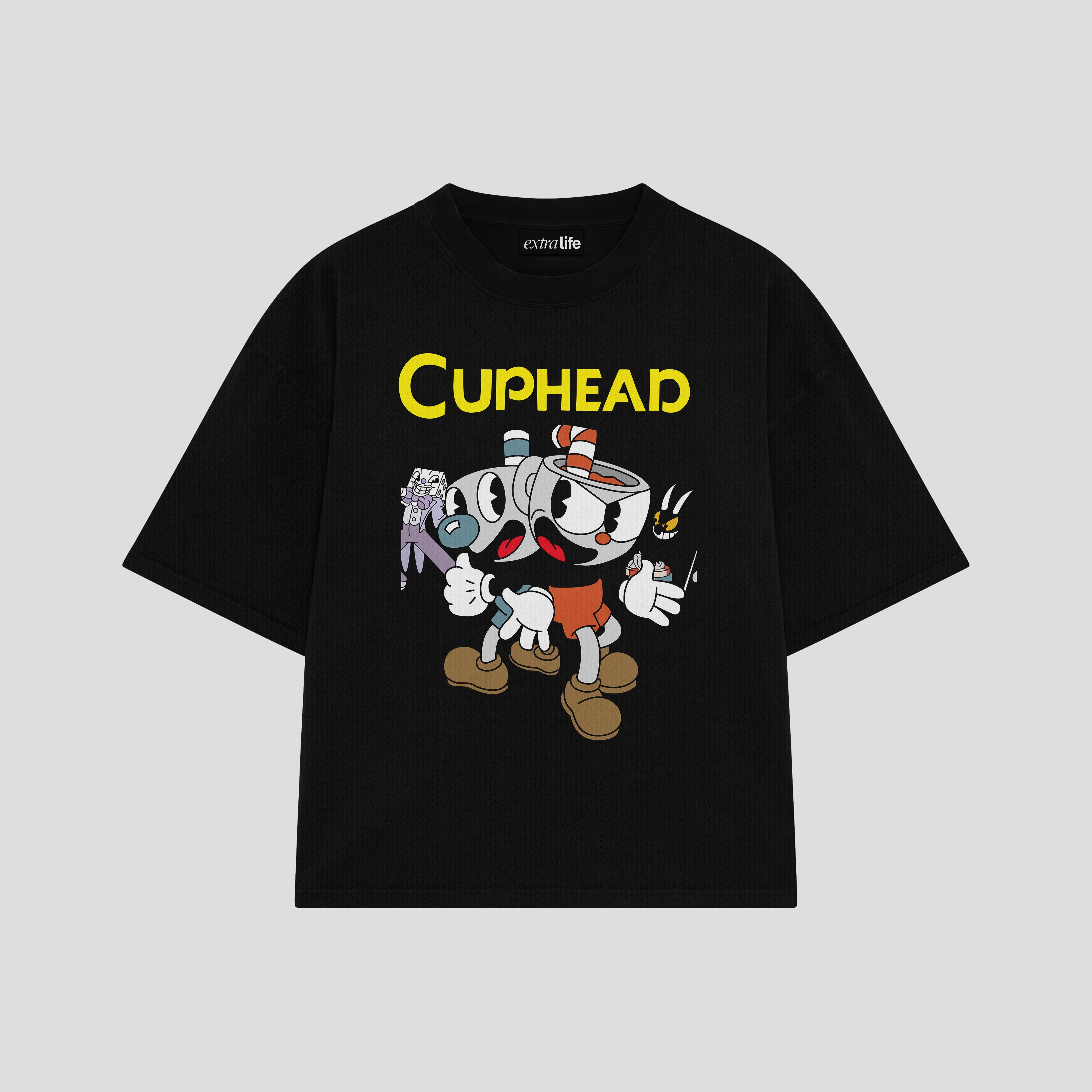 Playera streetwear premium de anime y gaming ExtraLife MX, corte boxy oversized drop shoulder heavyweight en color Deep Black y Off-White, moda urbana mexicana de culto.