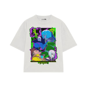 Playera streetwear premium de anime y gaming ExtraLife MX, corte boxy oversized drop shoulder heavyweight en color Deep Black y Off-White, moda urbana mexicana de culto.