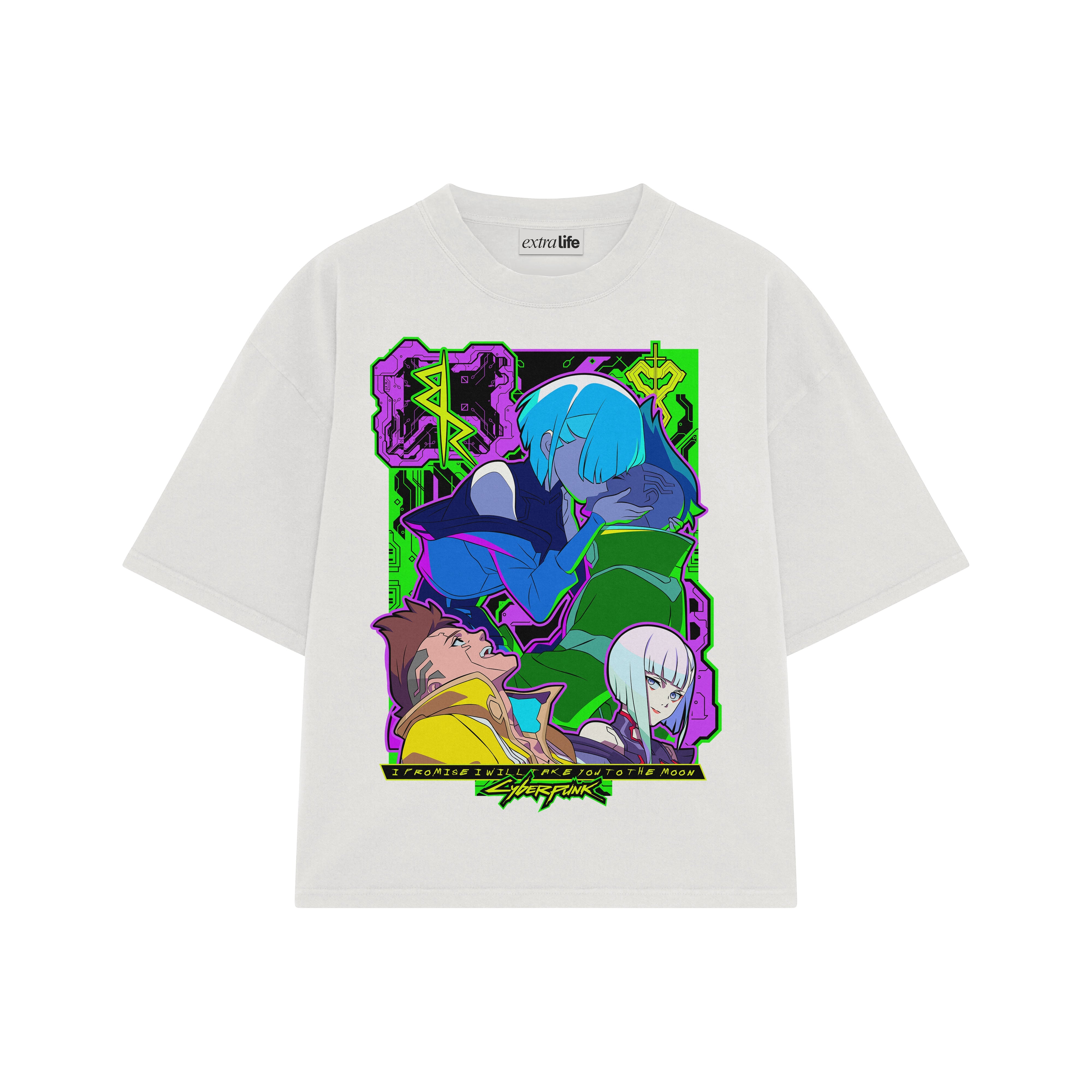 Playera streetwear premium de anime y gaming ExtraLife MX, corte boxy oversized drop shoulder heavyweight en color Deep Black y Off-White, moda urbana mexicana de culto.