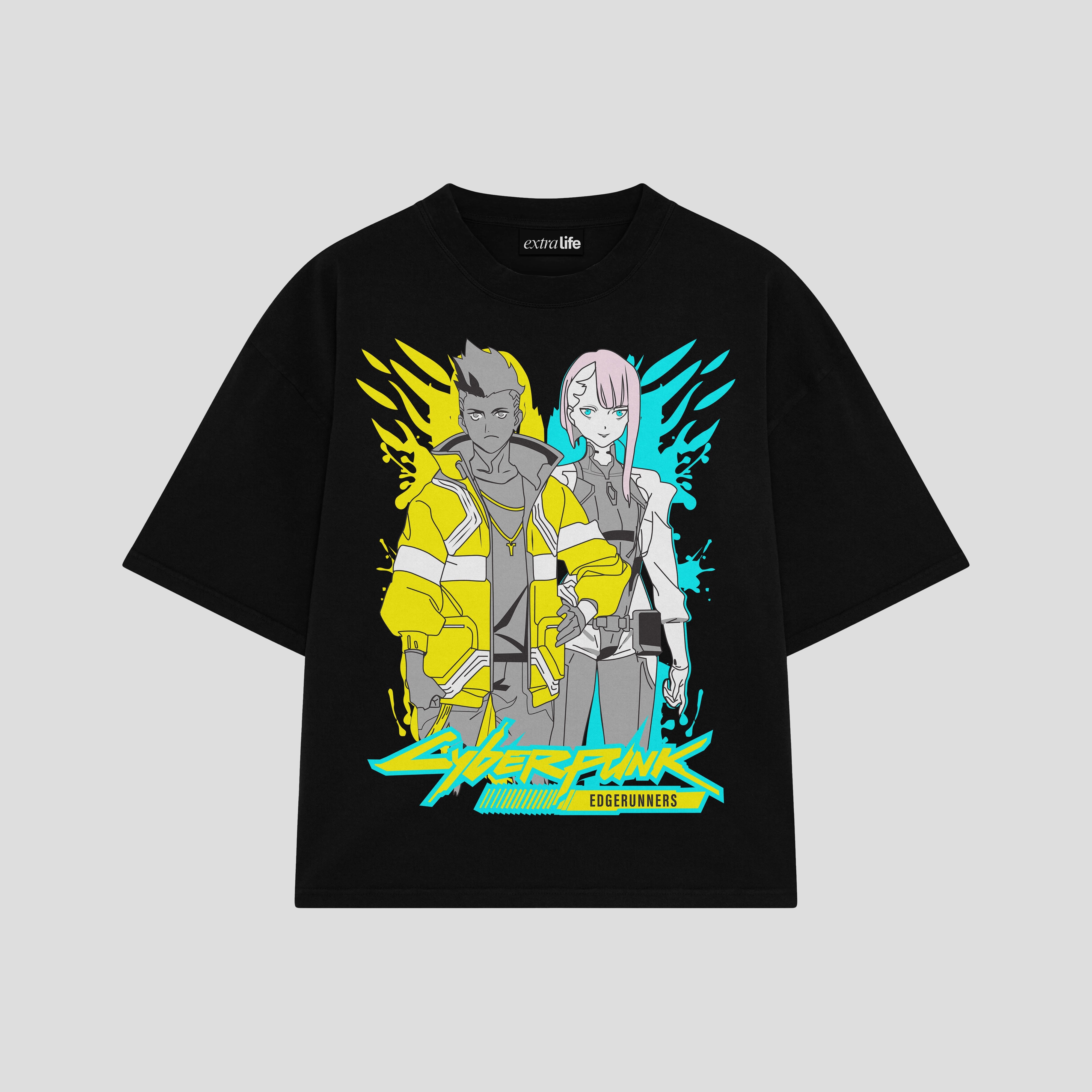 Playera streetwear premium de anime y gaming ExtraLife MX, corte boxy oversized drop shoulder heavyweight en color Deep Black y Off-White, moda urbana mexicana de culto.
