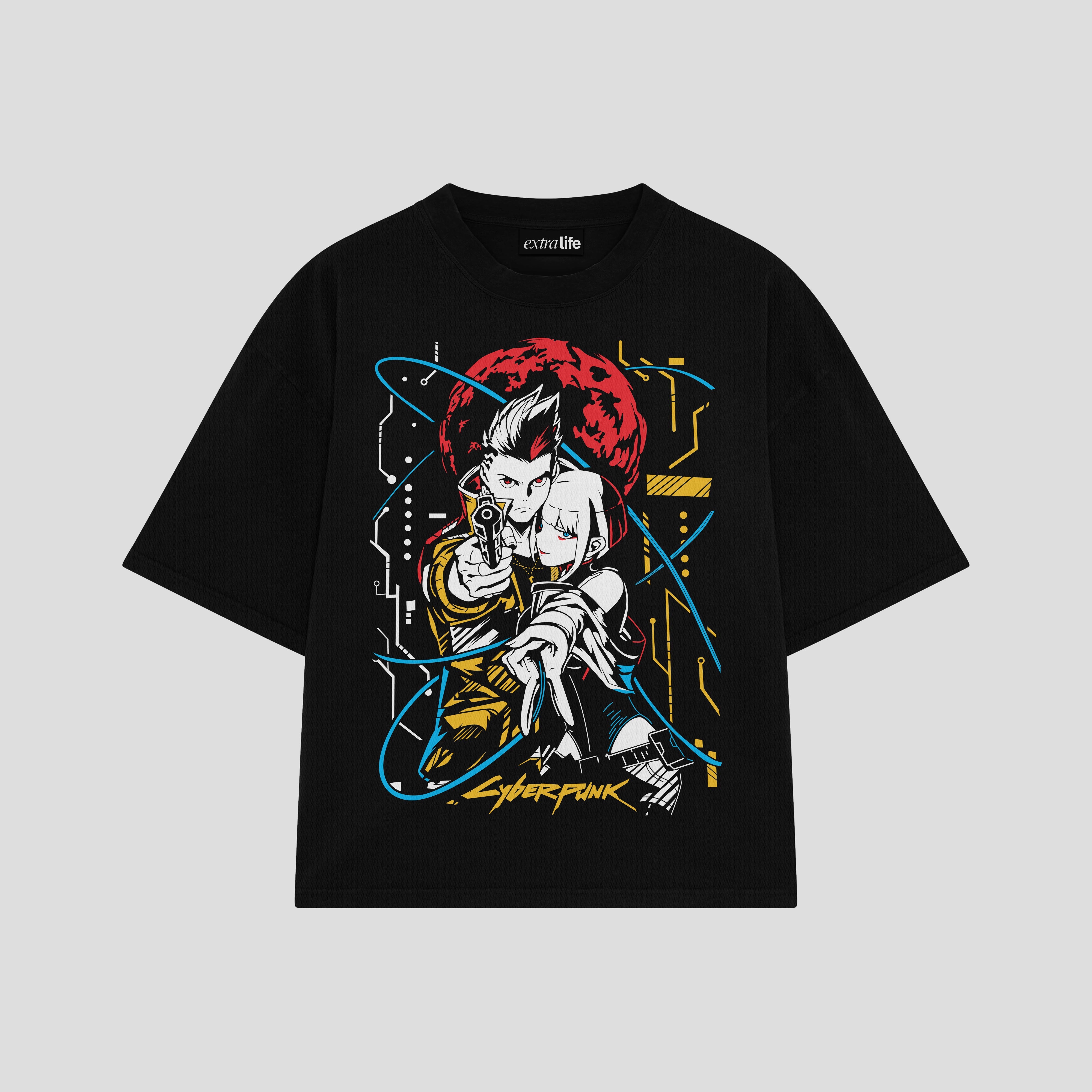 Playera streetwear premium de anime y gaming ExtraLife MX, corte boxy oversized drop shoulder heavyweight en color Deep Black y Off-White, moda urbana mexicana de culto.
