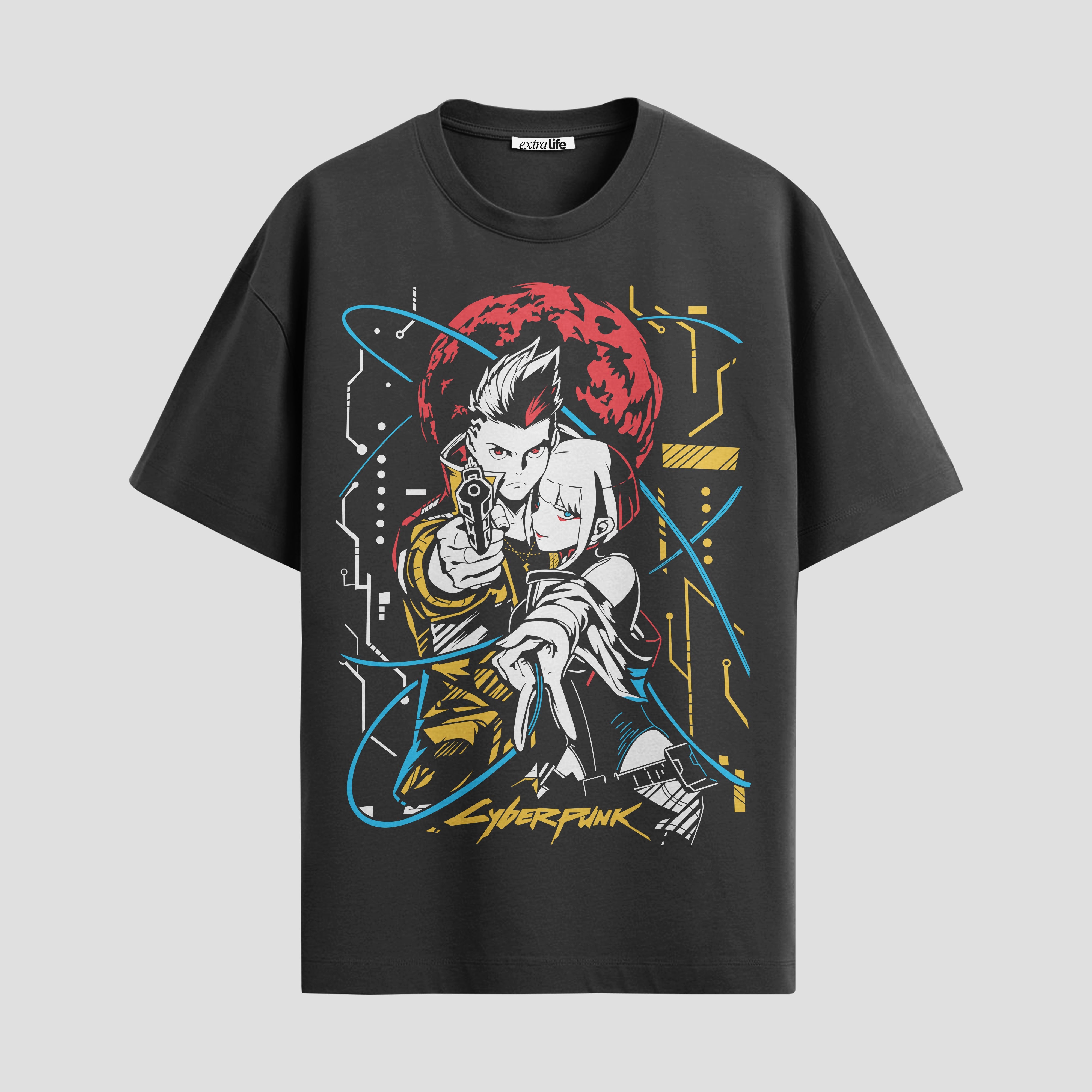 Playera urbana de anime y gaming ExtraLife MX, corte Standard Fit unisex ligero y transpirable en color Deep Black y Pure White, ropa de uso diario para gym y casual.