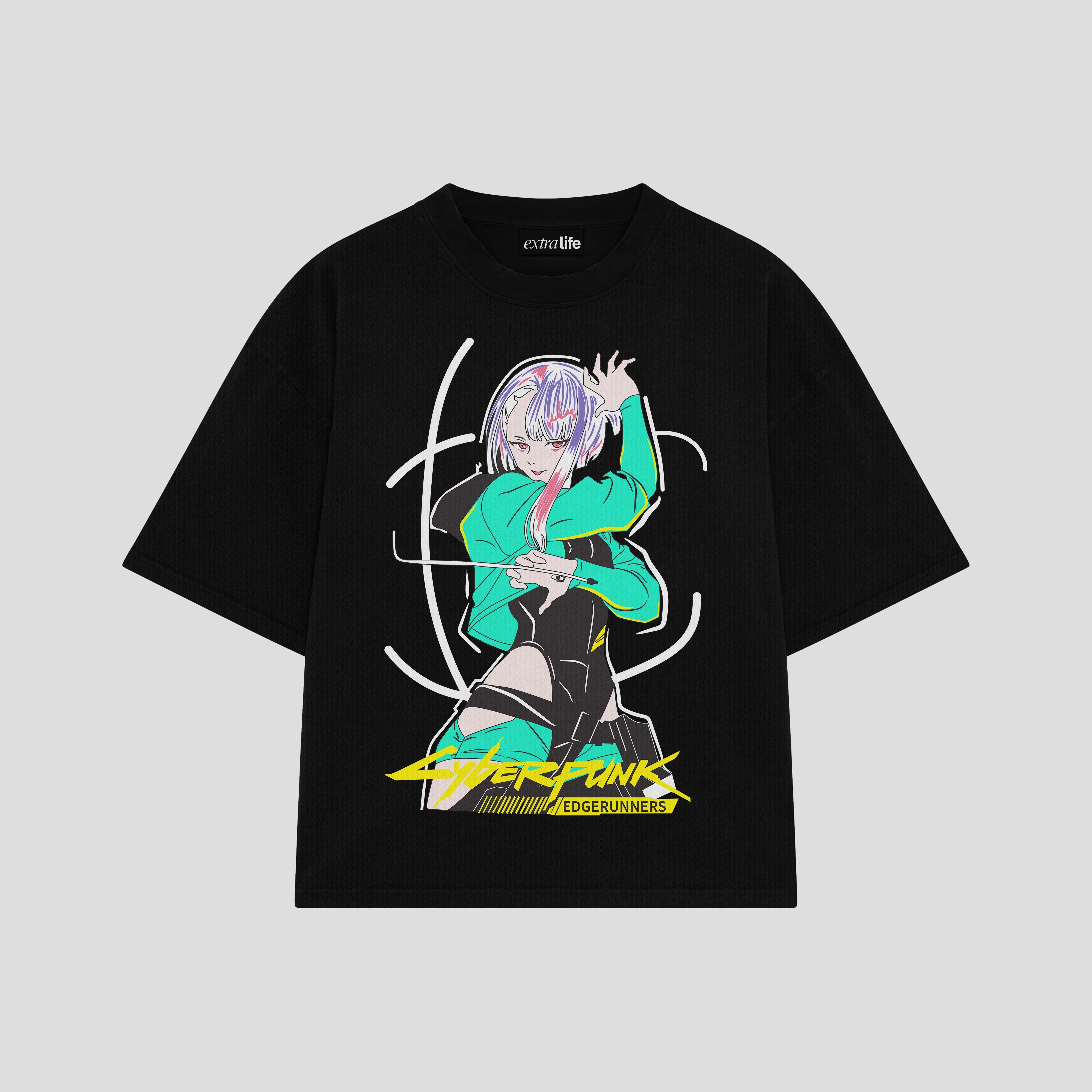 Playera streetwear premium de anime y gaming ExtraLife MX, corte boxy oversized drop shoulder heavyweight en color Deep Black y Off-White, moda urbana mexicana de culto.
