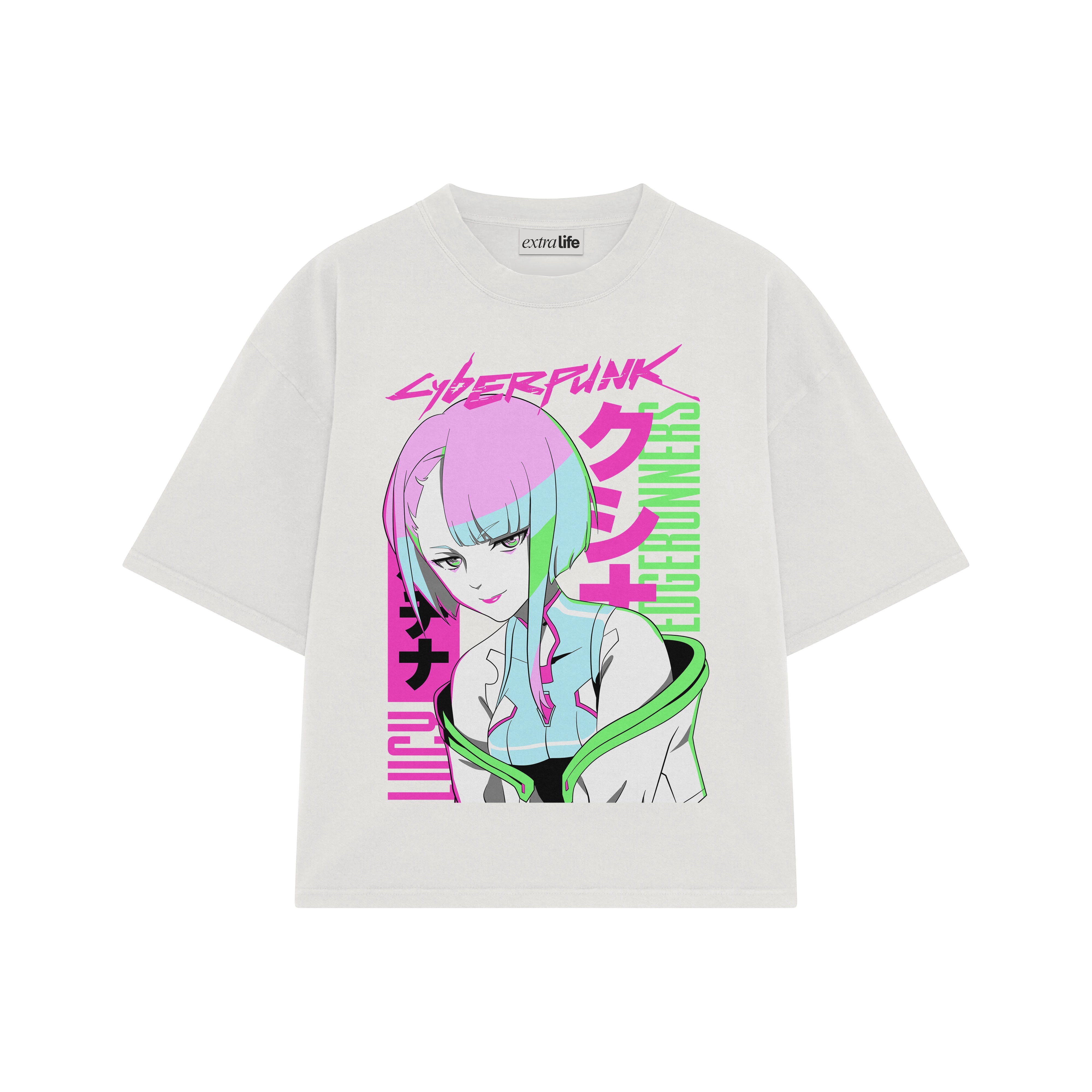 Playera streetwear premium de anime y gaming ExtraLife MX, corte boxy oversized drop shoulder heavyweight en color Deep Black y Off-White, moda urbana mexicana de culto.