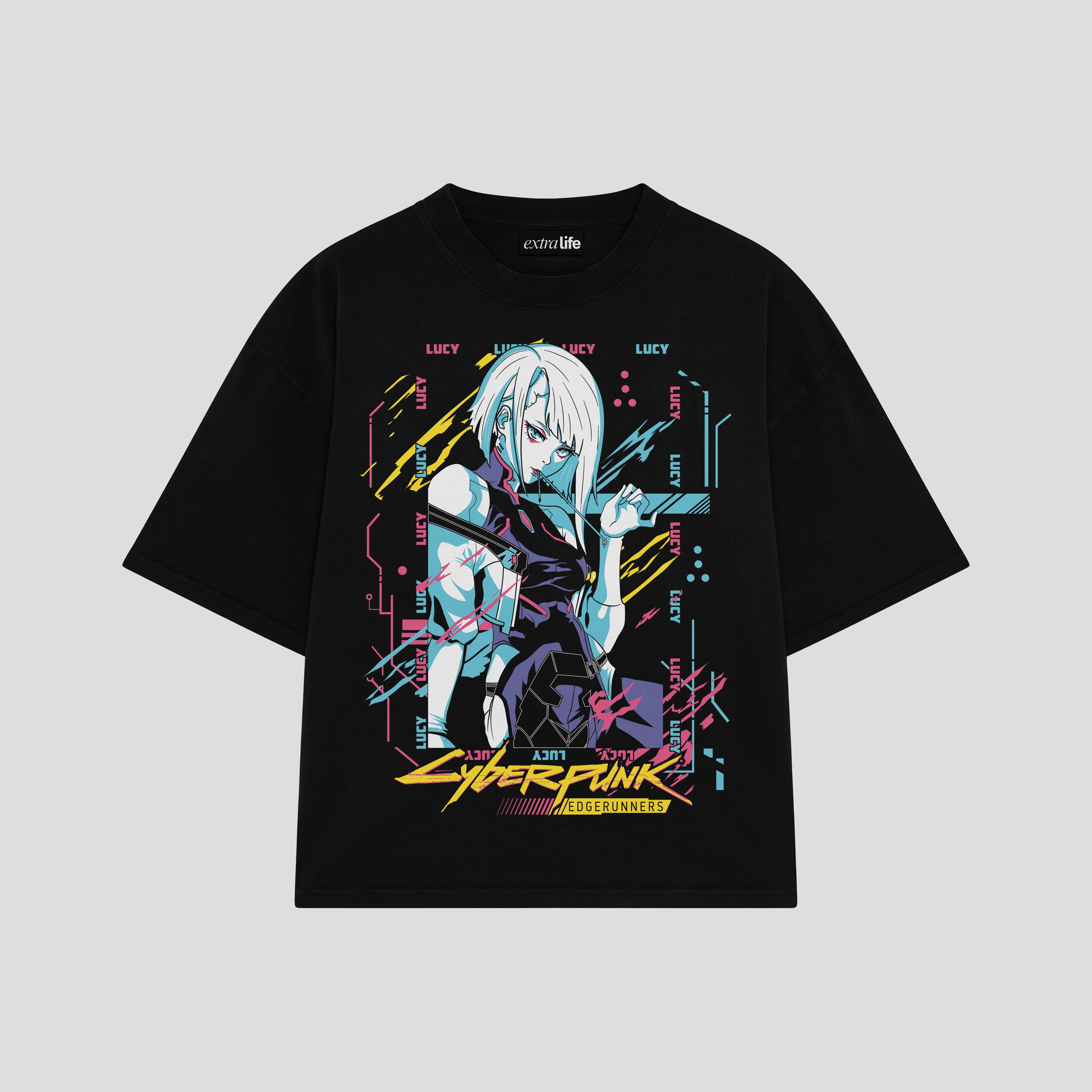 Playera streetwear premium de anime y gaming ExtraLife MX, corte boxy oversized drop shoulder heavyweight en color Deep Black y Off-White, moda urbana mexicana de culto.