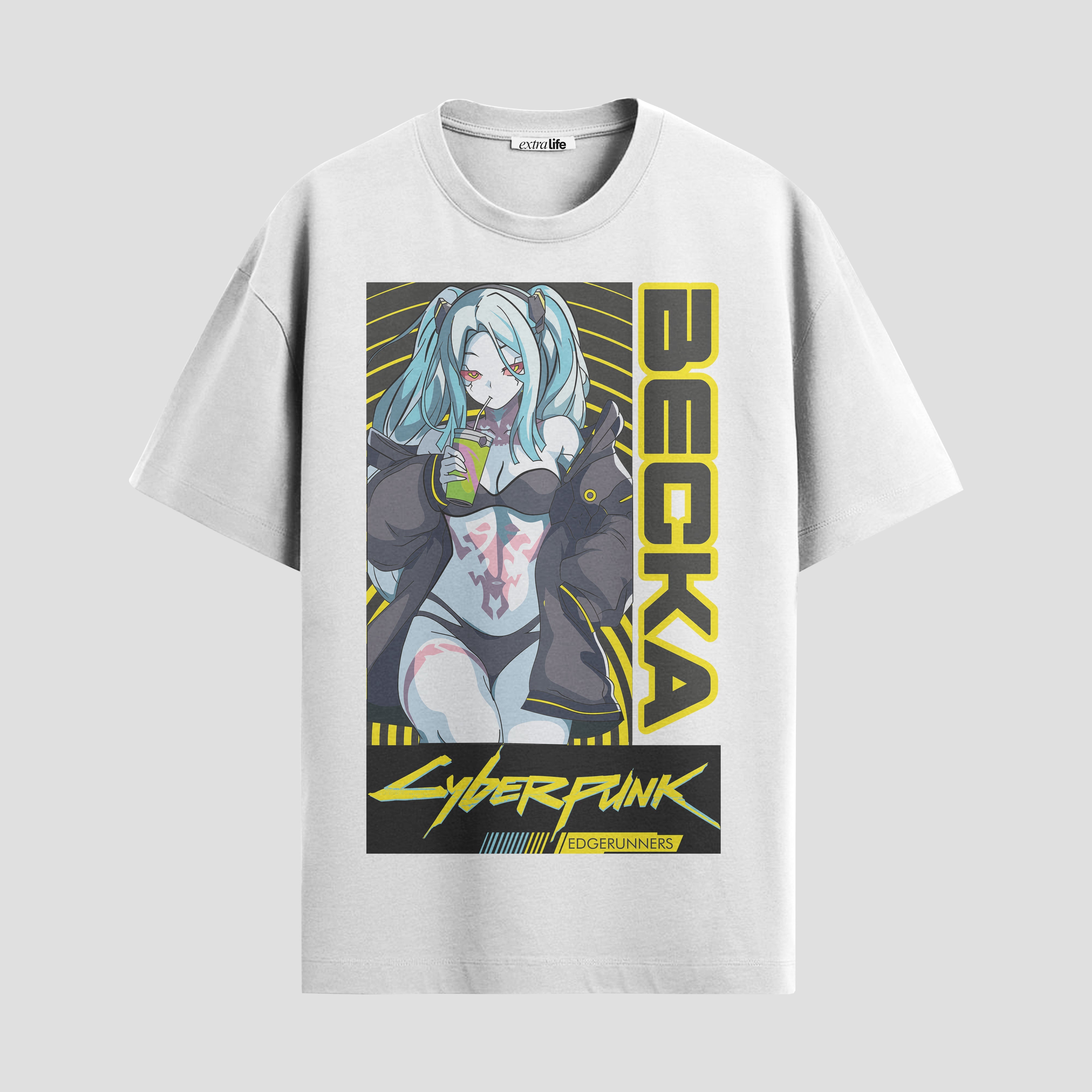 Playera urbana de anime y gaming ExtraLife MX, corte Standard Fit unisex ligero y transpirable en color Deep Black y Pure White, ropa de uso diario para gym y casual.