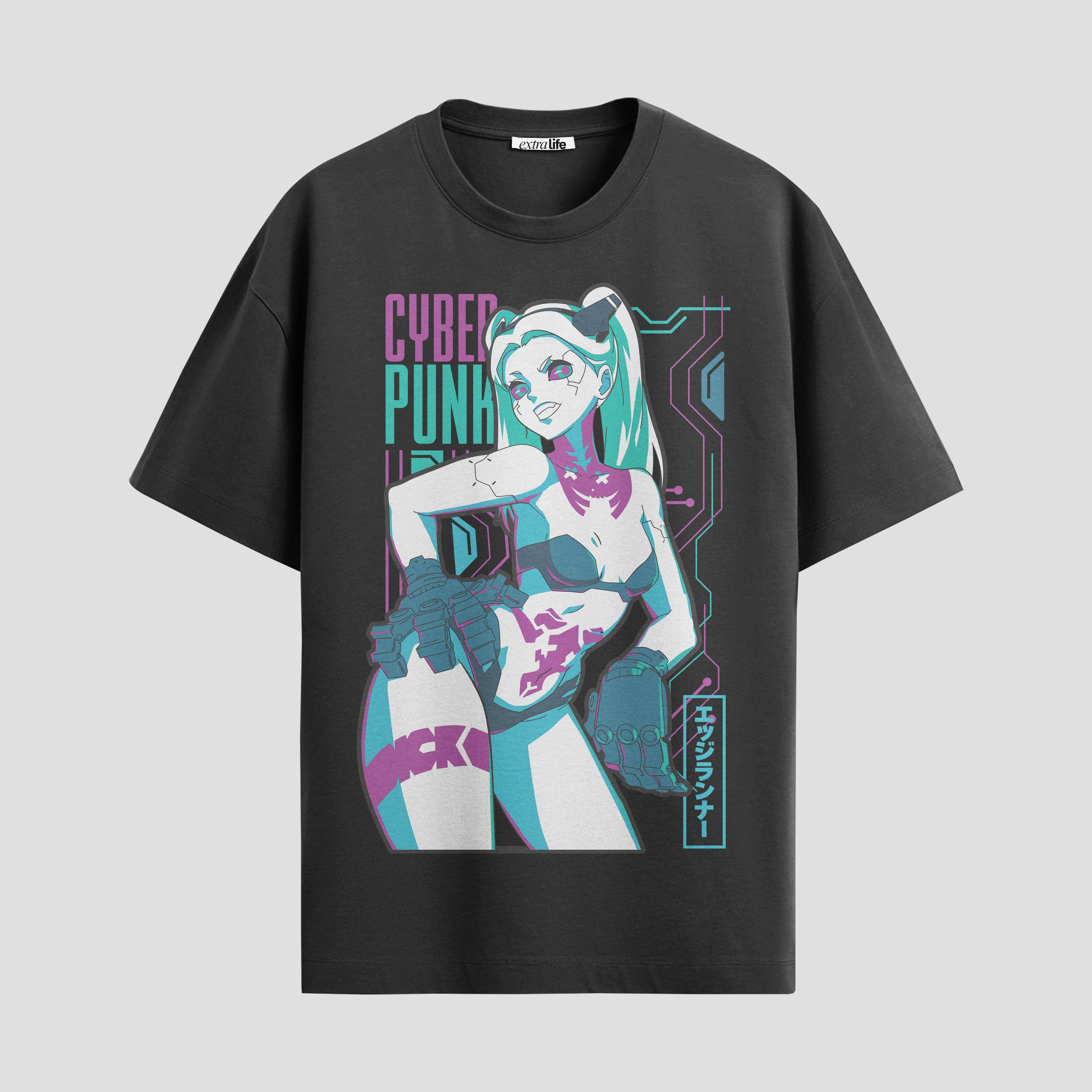 Playera urbana de anime y gaming ExtraLife MX, corte Standard Fit unisex ligero y transpirable en color Deep Black y Pure White, ropa de uso diario para gym y casual.