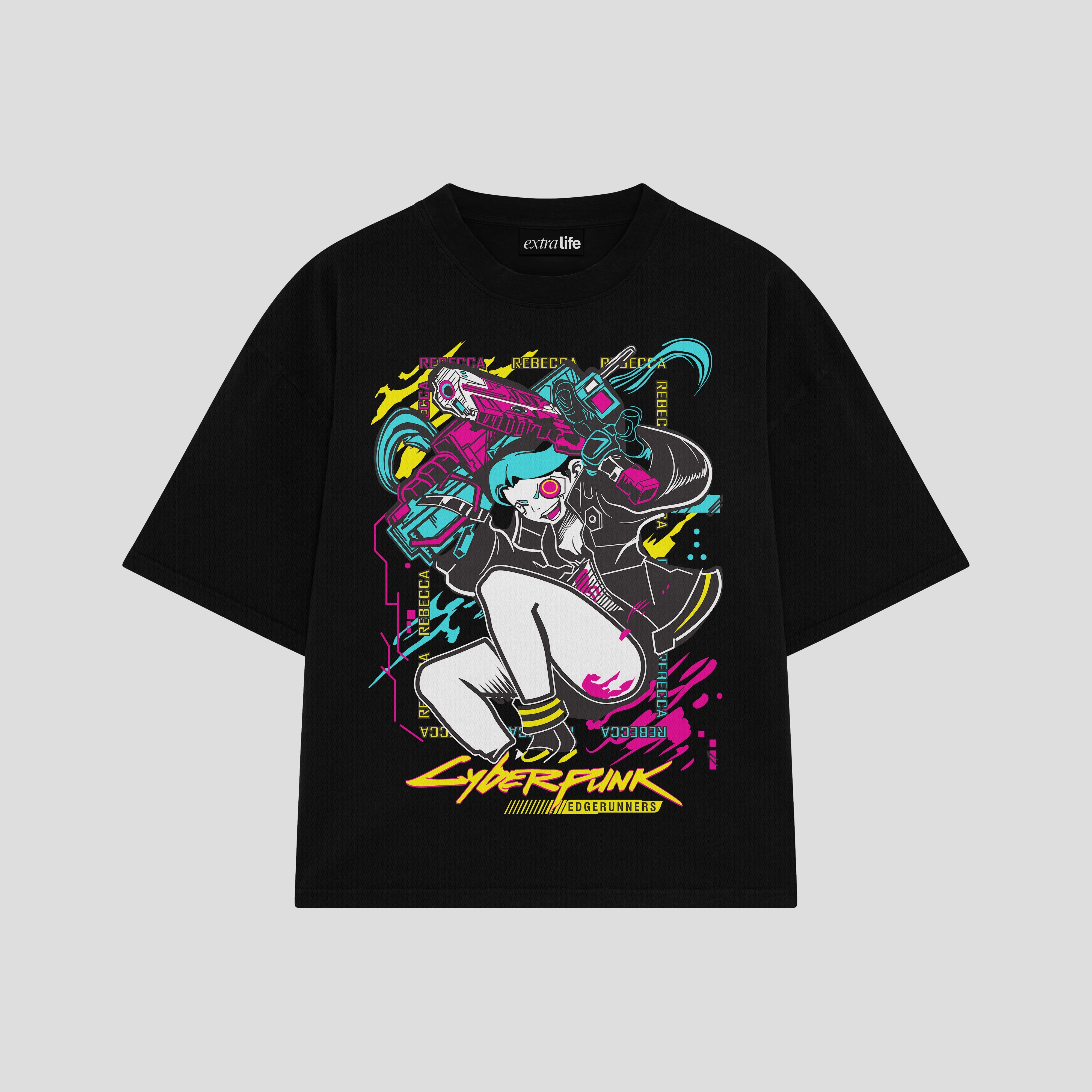 Playera streetwear premium de anime y gaming ExtraLife MX, corte boxy oversized drop shoulder heavyweight en color Deep Black y Off-White, moda urbana mexicana de culto.