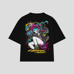 Playera streetwear premium de anime y gaming ExtraLife MX, corte boxy oversized drop shoulder heavyweight en color Deep Black y Off-White, moda urbana mexicana de culto.