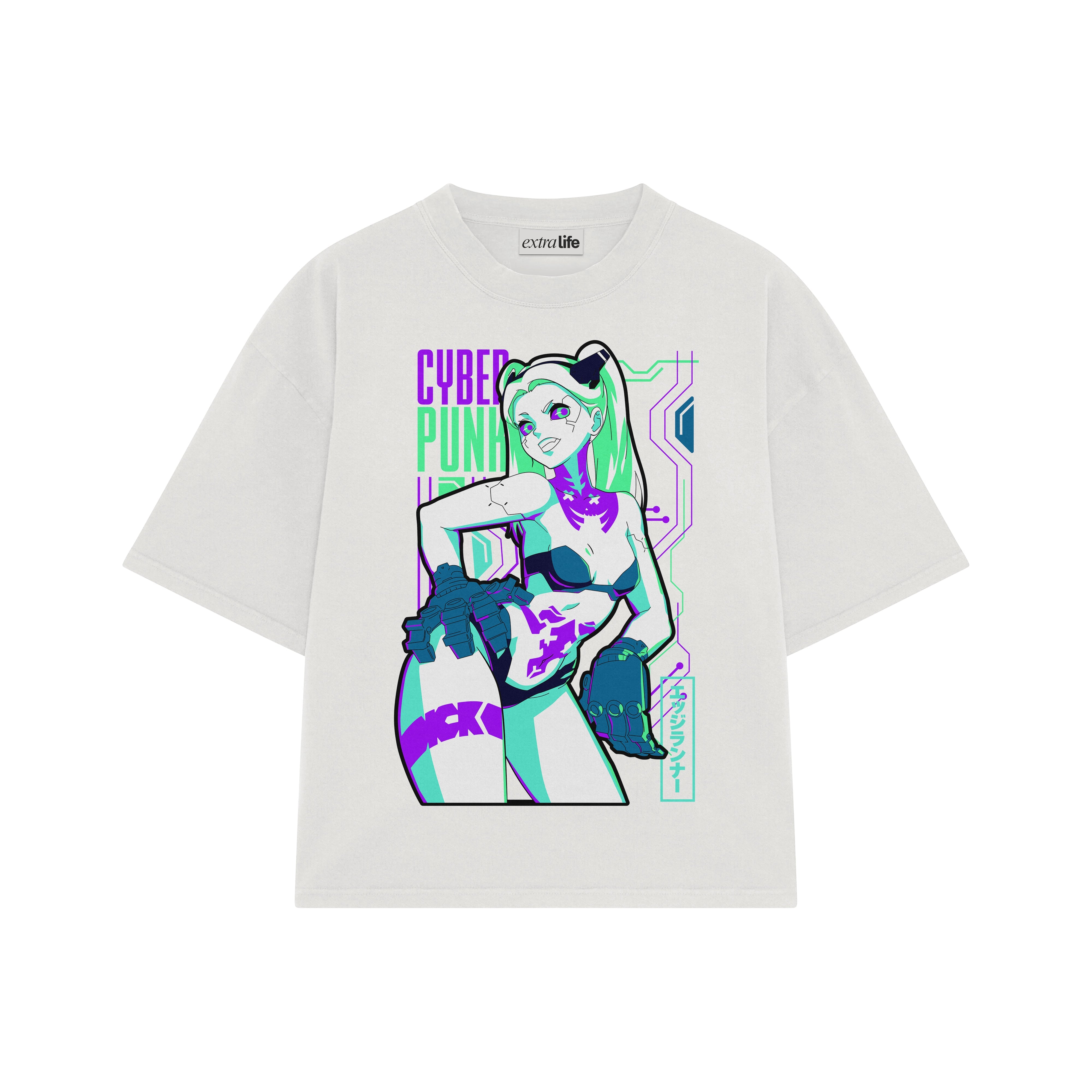 Playera streetwear premium de anime y gaming ExtraLife MX, corte boxy oversized drop shoulder heavyweight en color Deep Black y Off-White, moda urbana mexicana de culto.