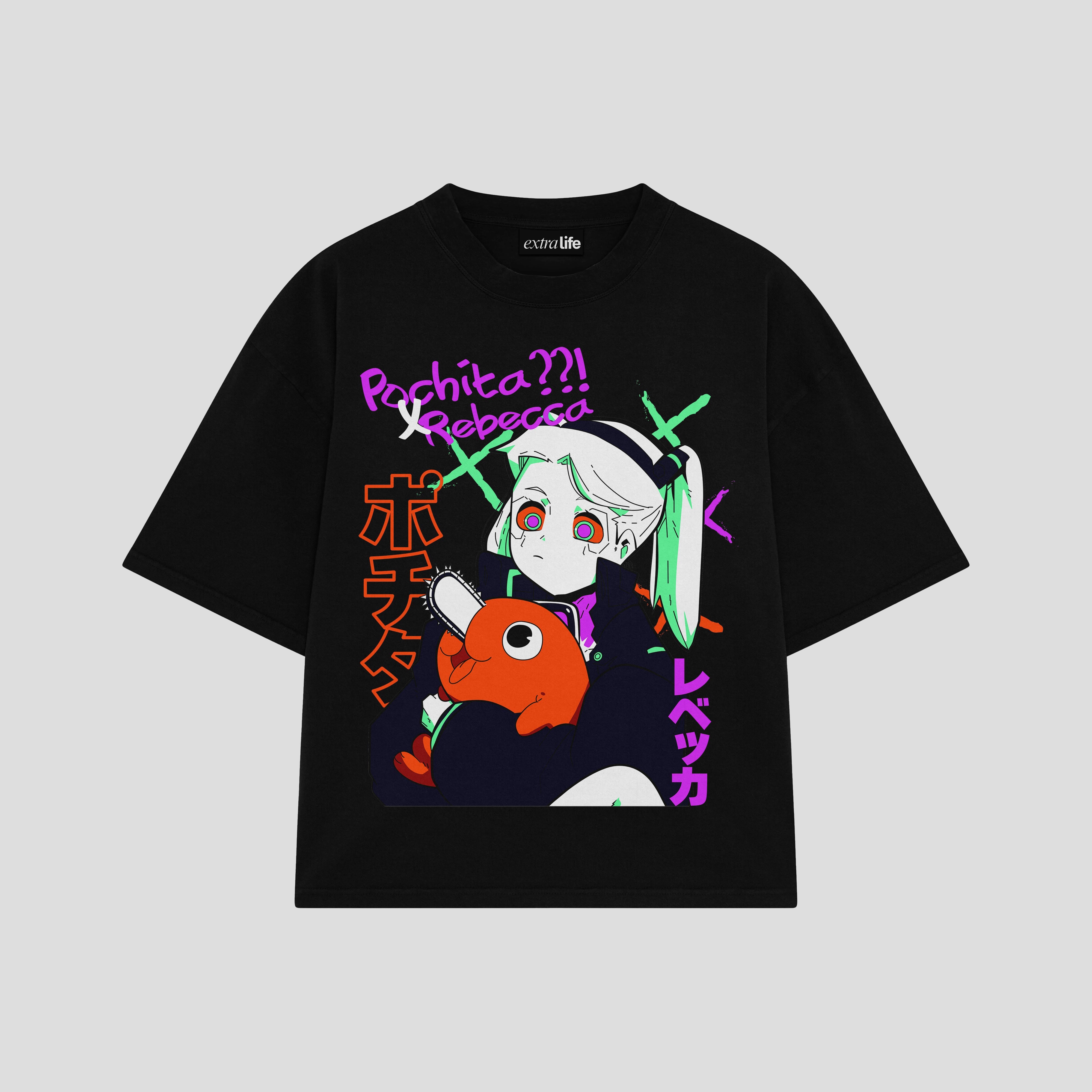 Playera streetwear premium de anime y gaming ExtraLife MX, corte boxy oversized drop shoulder heavyweight en color Deep Black y Off-White, moda urbana mexicana de culto.