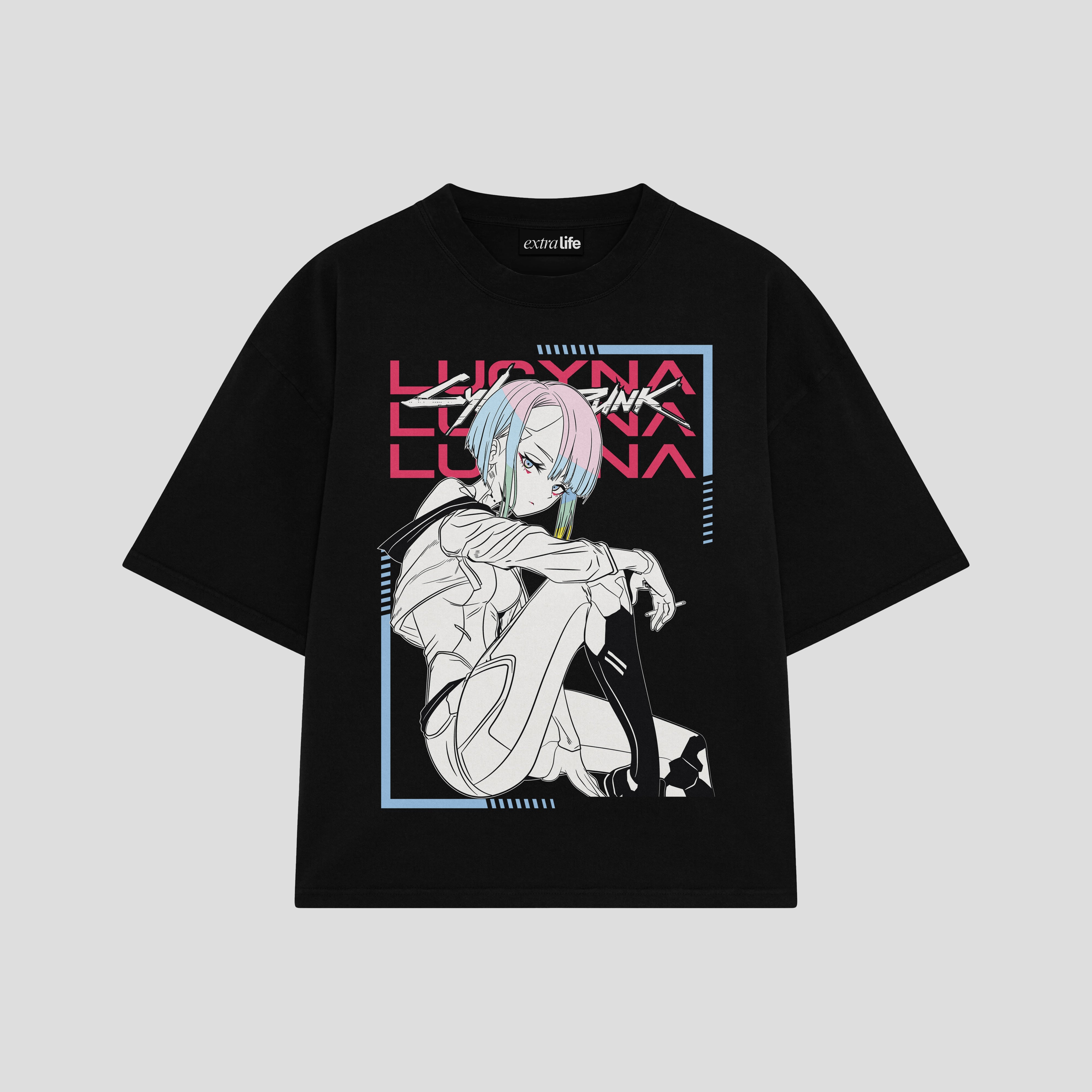 Playera streetwear premium de anime y gaming ExtraLife MX, corte boxy oversized drop shoulder heavyweight en color Deep Black y Off-White, moda urbana mexicana de culto.