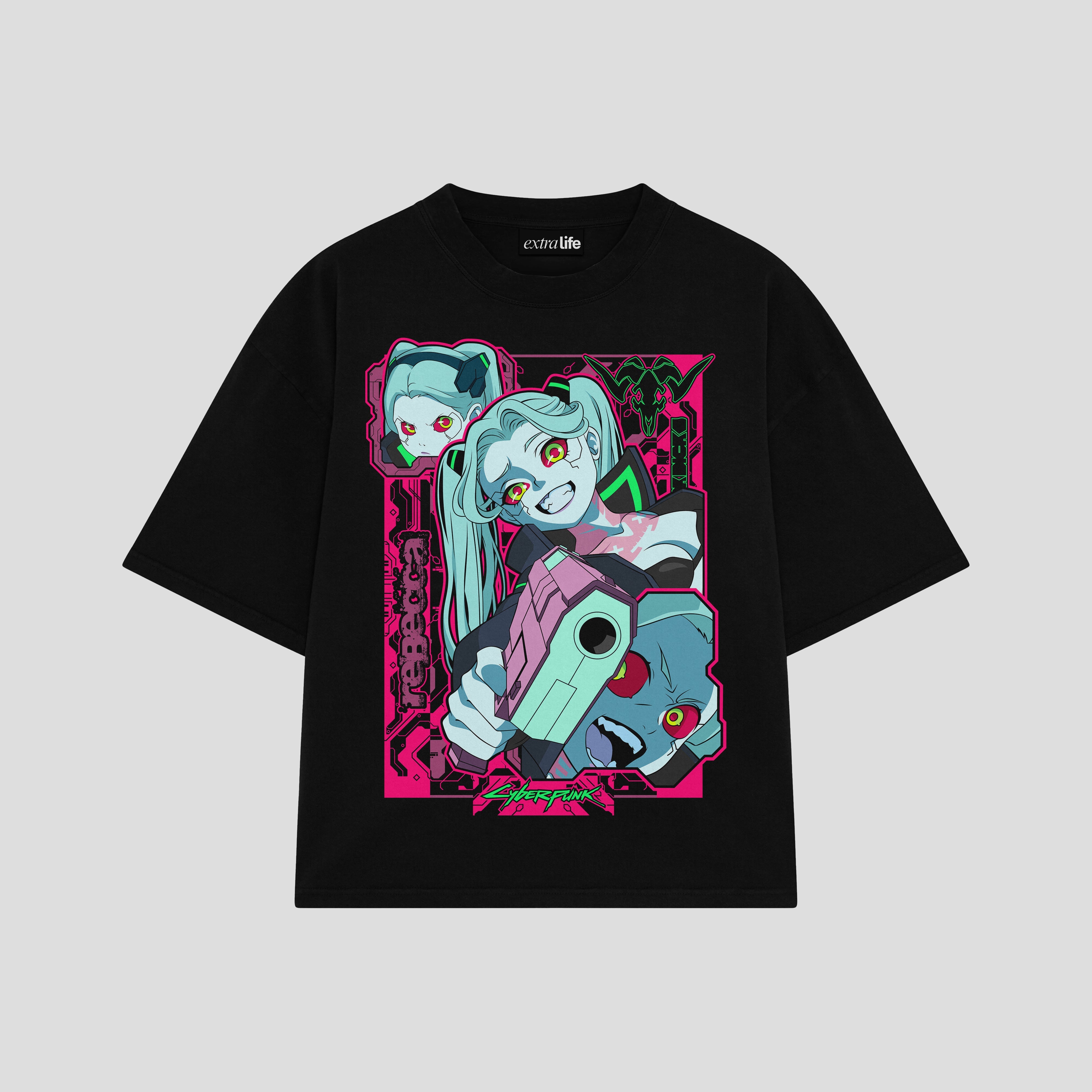 Playera streetwear premium de anime y gaming ExtraLife MX, corte boxy oversized drop shoulder heavyweight en color Deep Black y Off-White, moda urbana mexicana de culto.