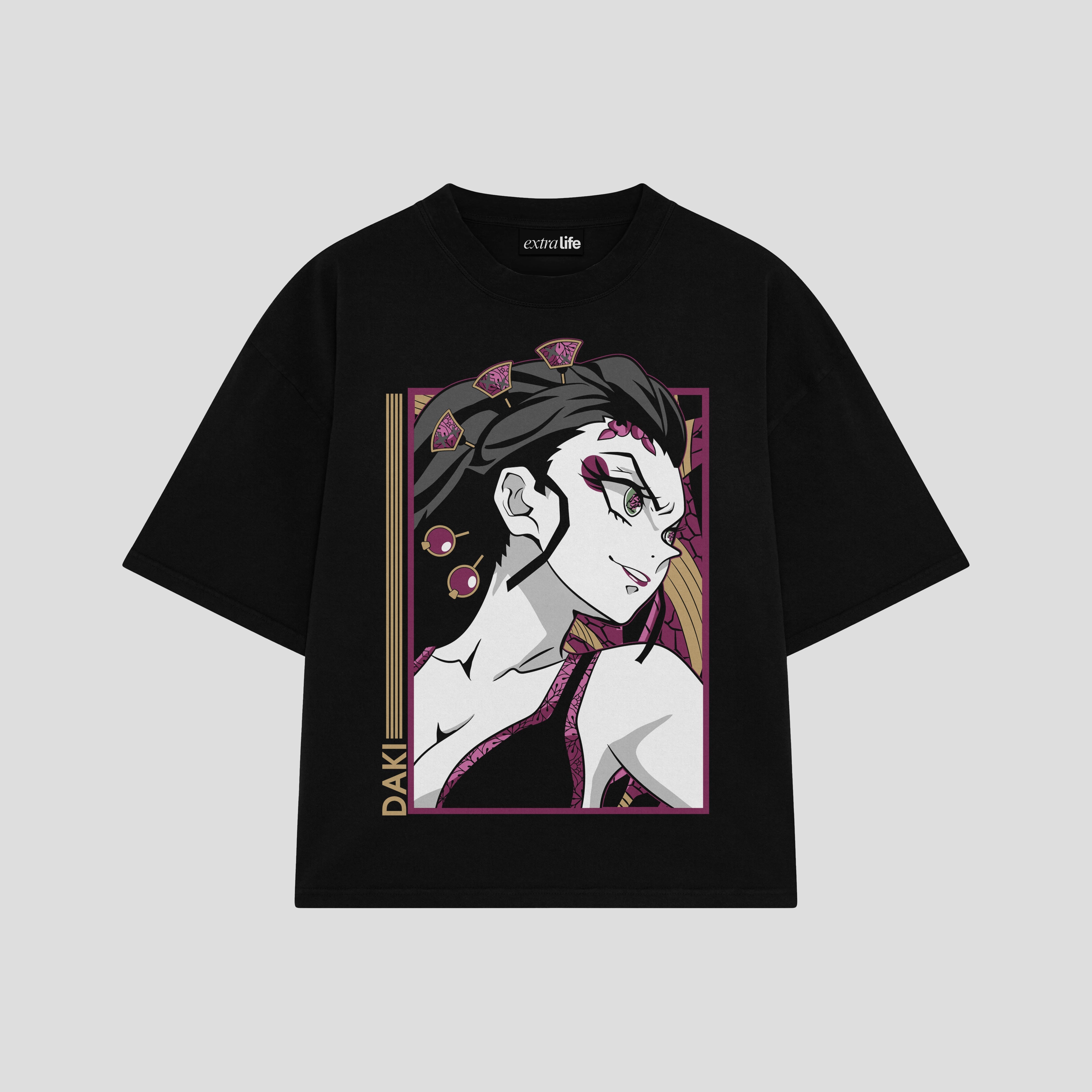 Playera streetwear premium de anime y gaming ExtraLife MX, corte boxy oversized drop shoulder heavyweight en color Deep Black y Off-White, moda urbana mexicana de culto.