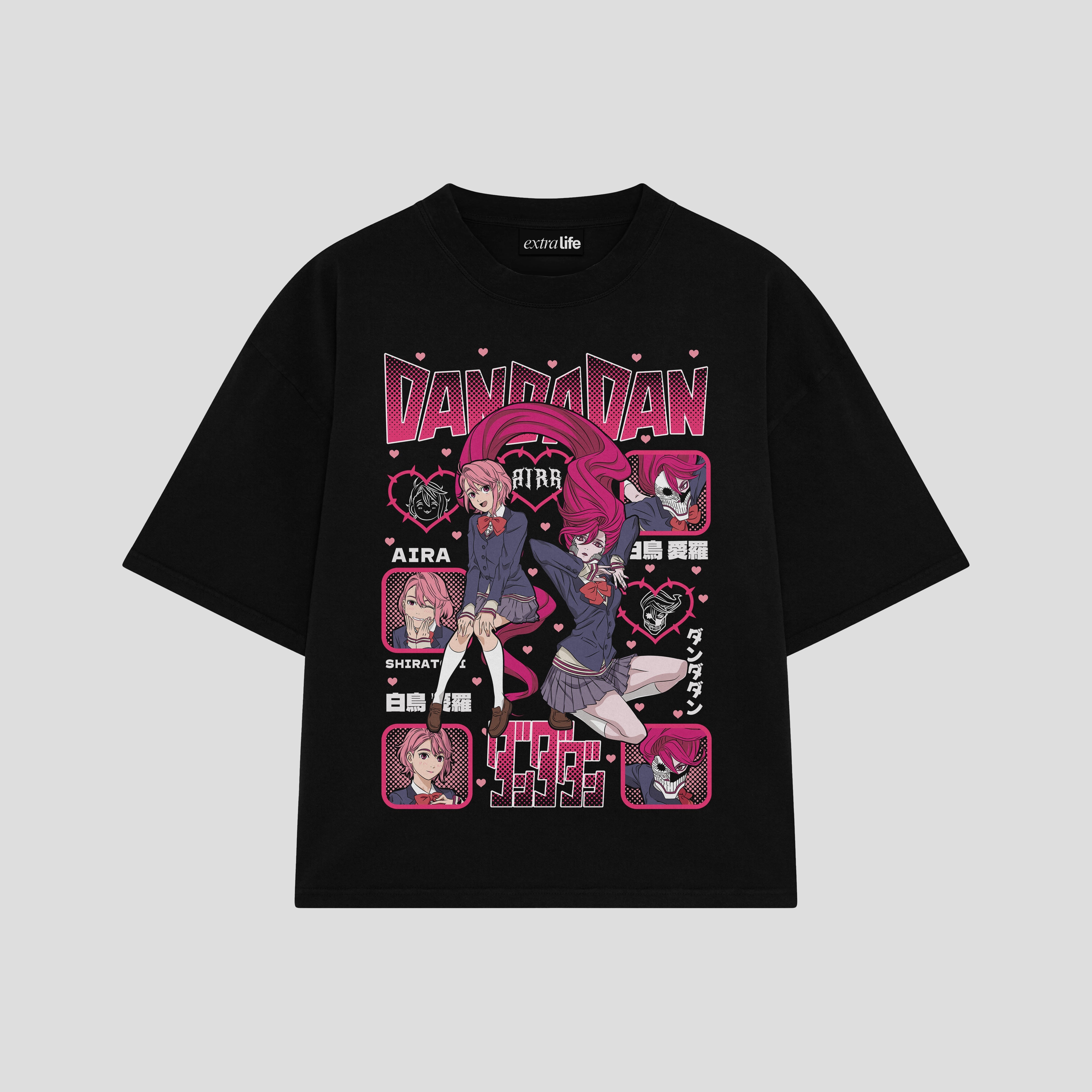 Playera streetwear premium de anime y gaming ExtraLife MX, corte boxy oversized drop shoulder heavyweight en color Deep Black y Off-White, moda urbana mexicana de culto.