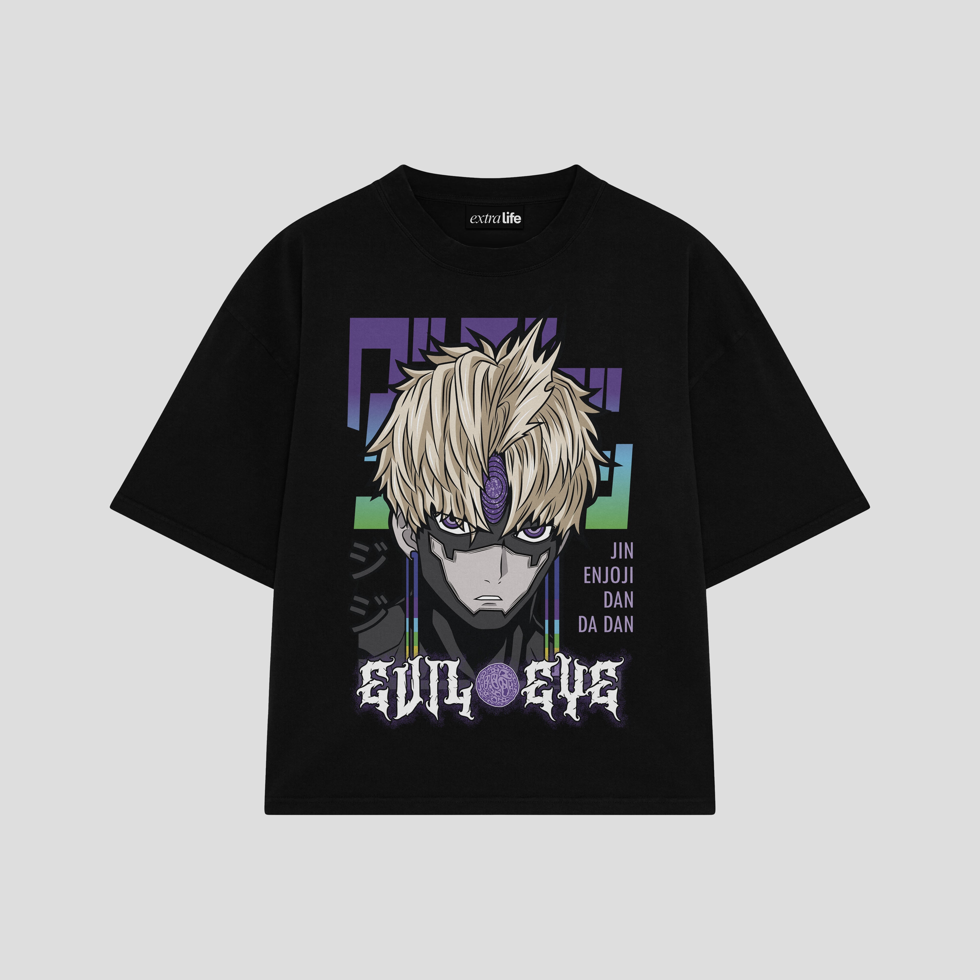 Playera streetwear premium de anime y gaming ExtraLife MX, corte boxy oversized drop shoulder heavyweight en color Deep Black y Off-White, moda urbana mexicana de culto.