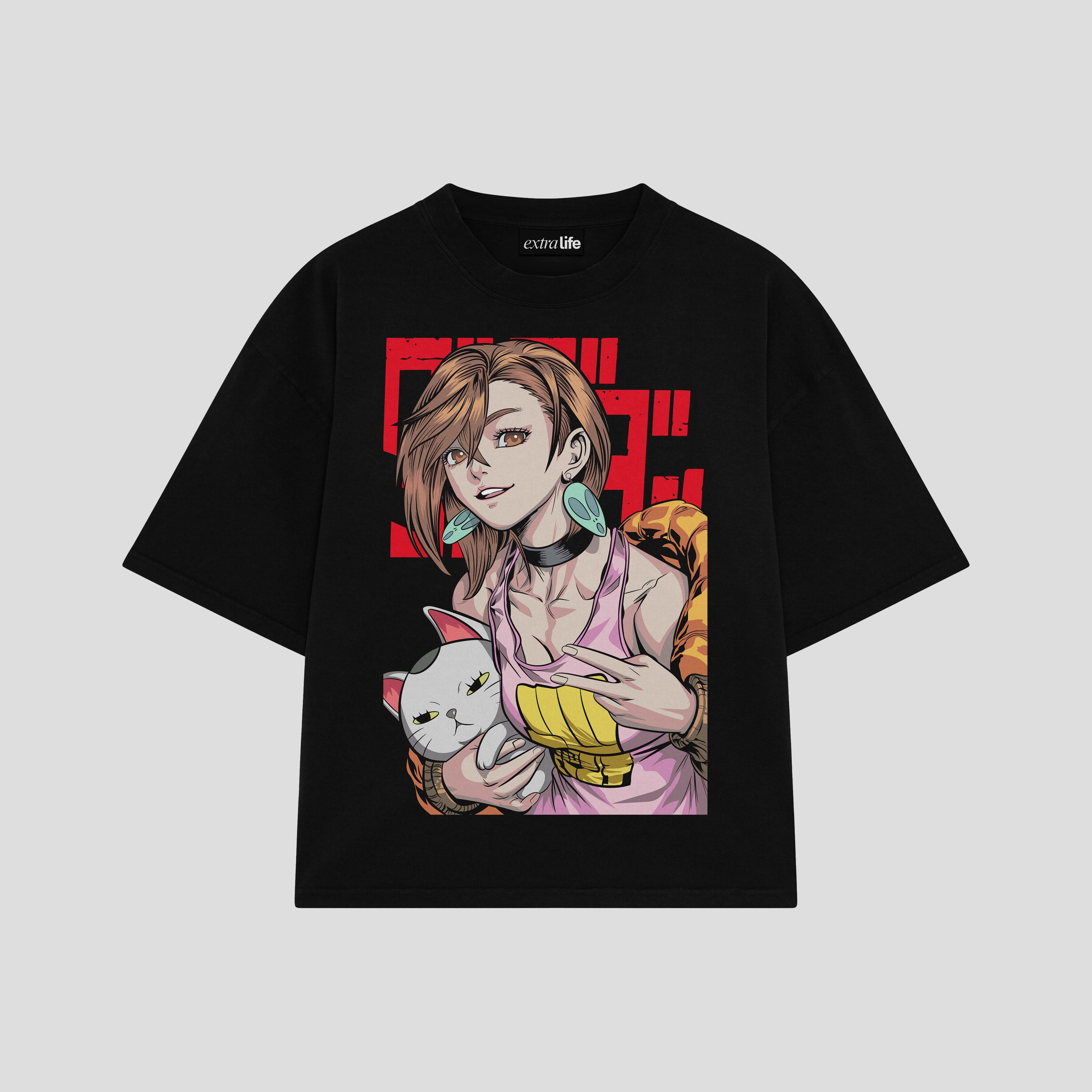 Playera streetwear premium de anime y gaming ExtraLife MX, corte boxy oversized drop shoulder heavyweight en color Deep Black y Off-White, moda urbana mexicana de culto.