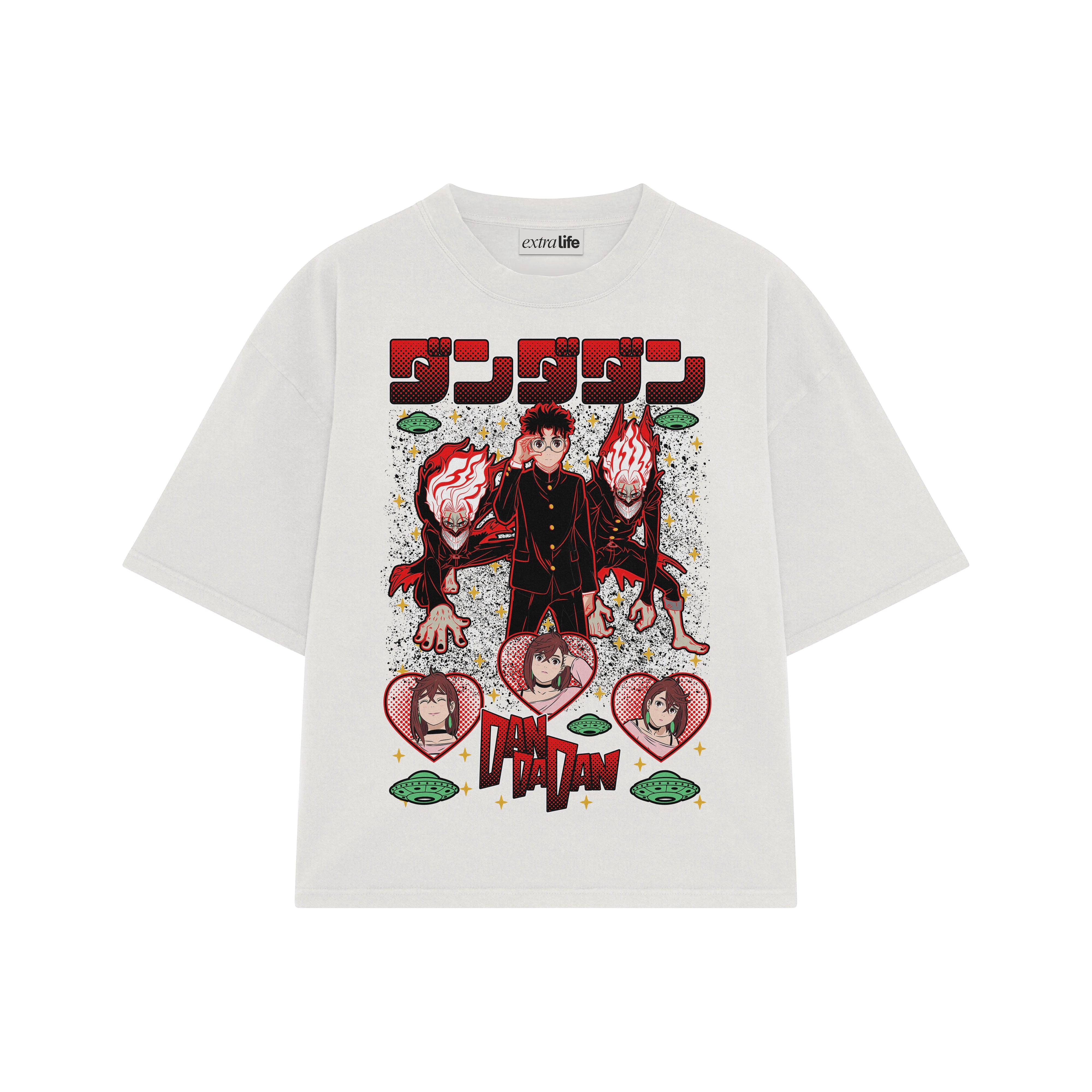 Playera streetwear premium de anime y gaming ExtraLife MX, corte boxy oversized drop shoulder heavyweight en color Deep Black y Off-White, moda urbana mexicana de culto.