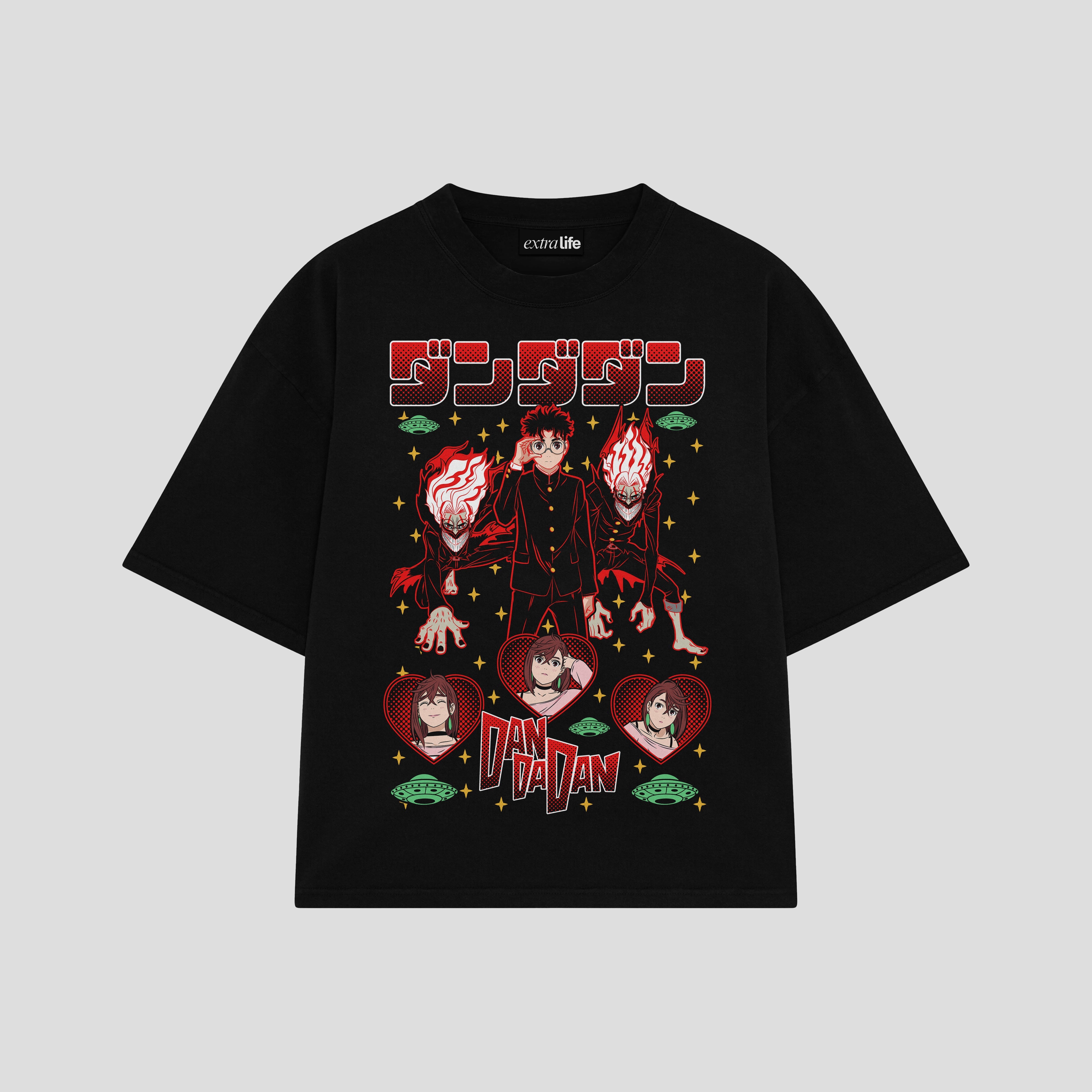 Playera streetwear premium de anime y gaming ExtraLife MX, corte boxy oversized drop shoulder heavyweight en color Deep Black y Off-White, moda urbana mexicana de culto.