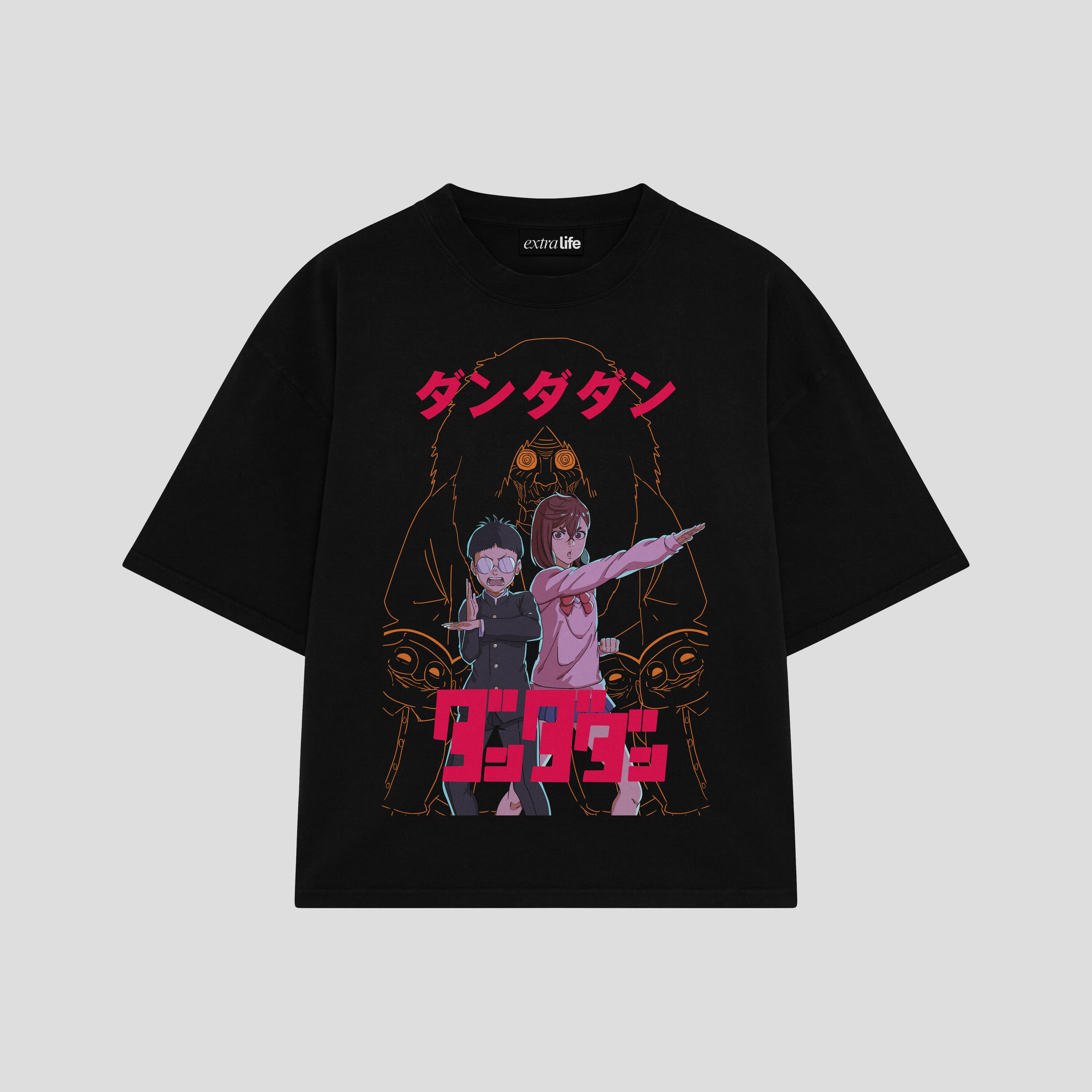 Playera streetwear premium de anime y gaming ExtraLife MX, corte boxy oversized drop shoulder heavyweight en color Deep Black y Off-White, moda urbana mexicana de culto.