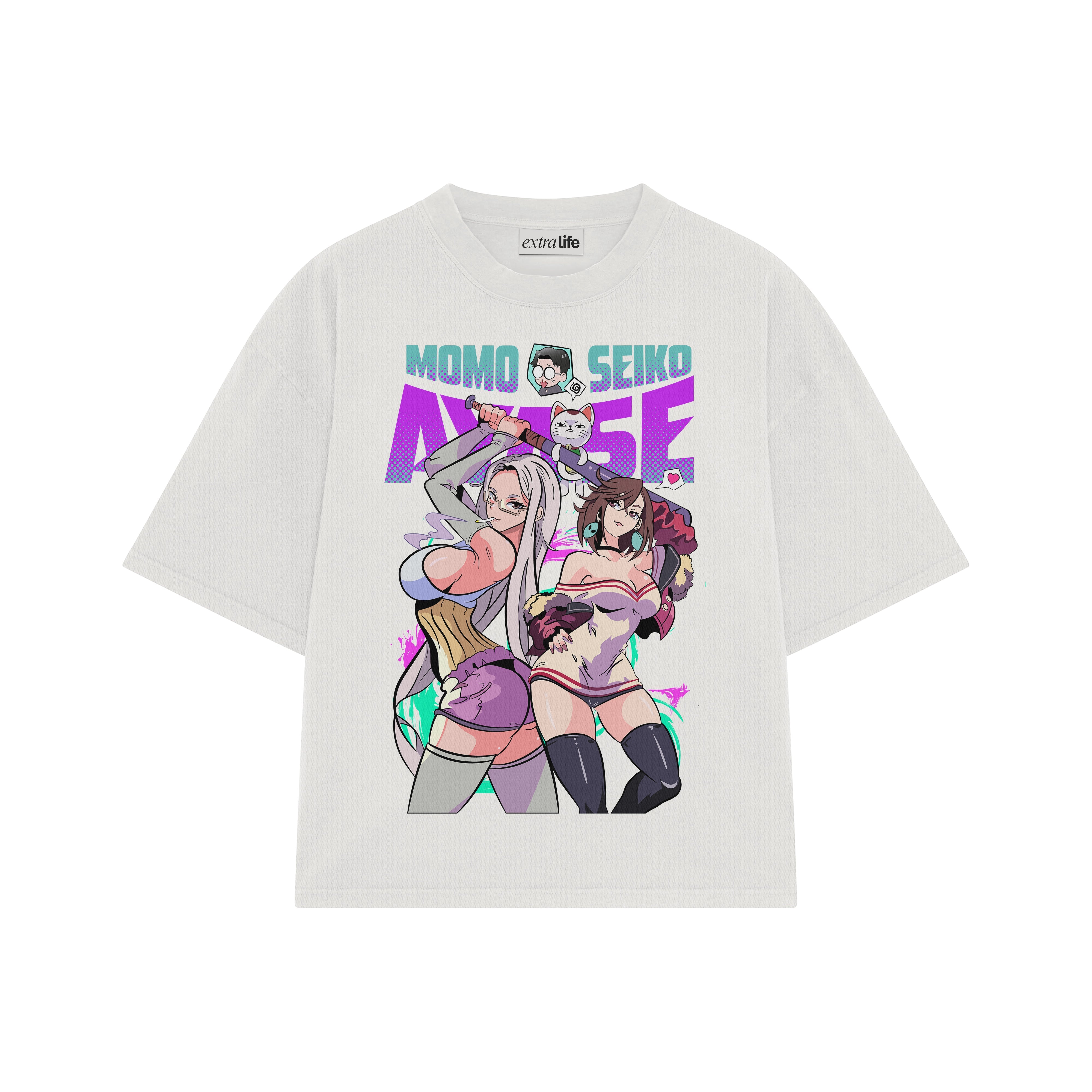 Playera streetwear premium de anime y gaming ExtraLife MX, corte boxy oversized drop shoulder heavyweight en color Deep Black y Off-White, moda urbana mexicana de culto.