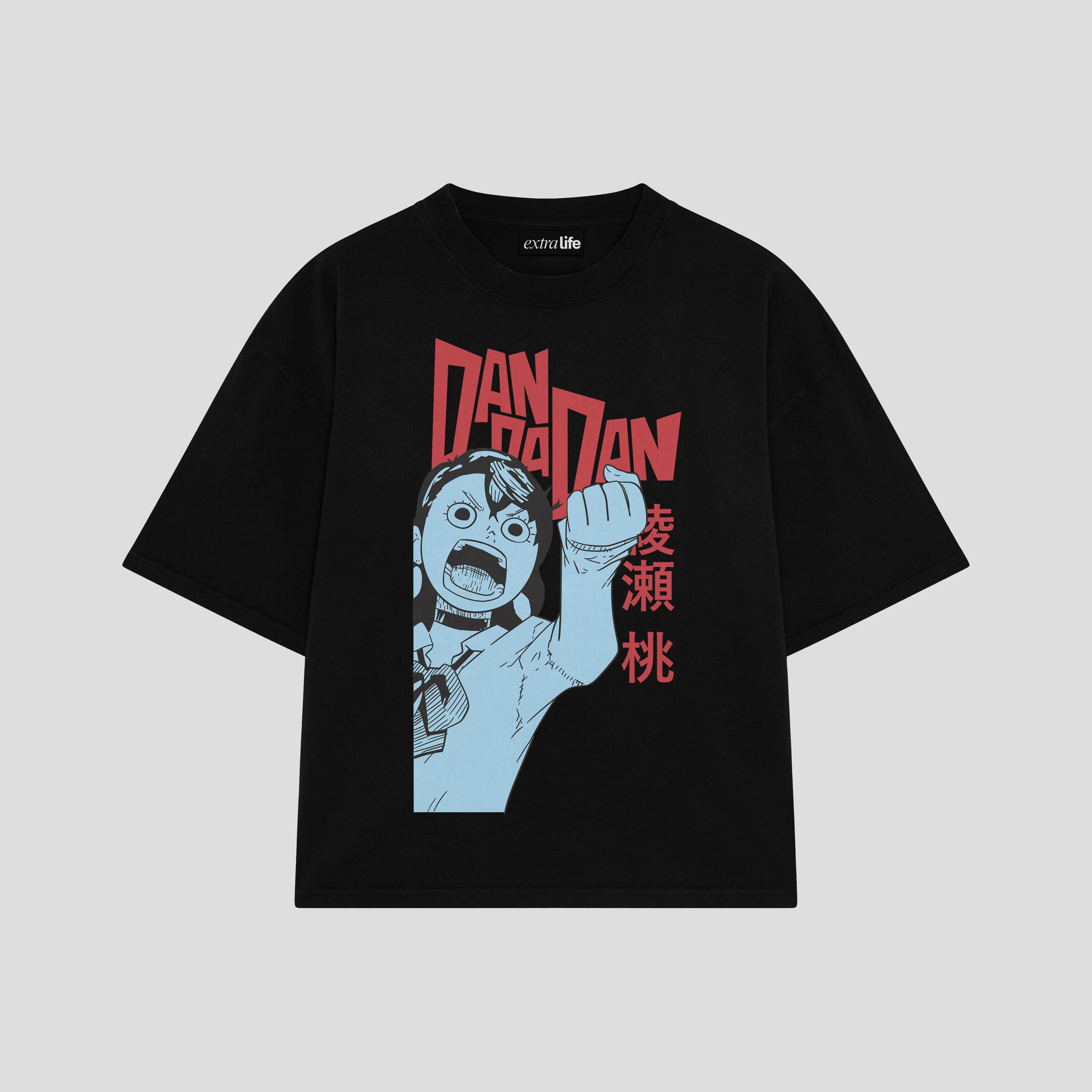 Playera streetwear premium de anime y gaming ExtraLife MX, corte boxy oversized drop shoulder heavyweight en color Deep Black y Off-White, moda urbana mexicana de culto.