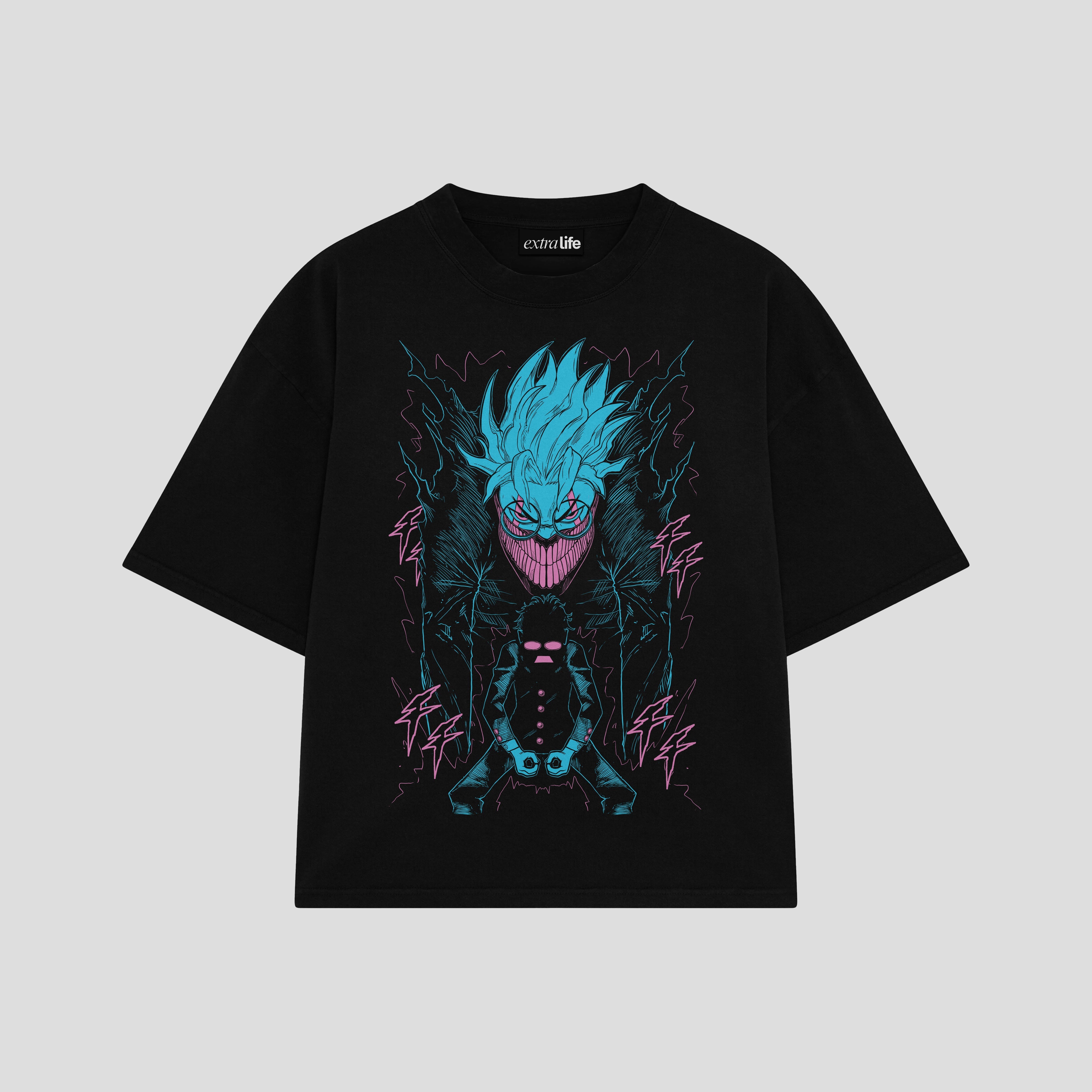 Playera streetwear premium de anime y gaming ExtraLife MX, corte boxy oversized drop shoulder heavyweight en color Deep Black y Off-White, moda urbana mexicana de culto.