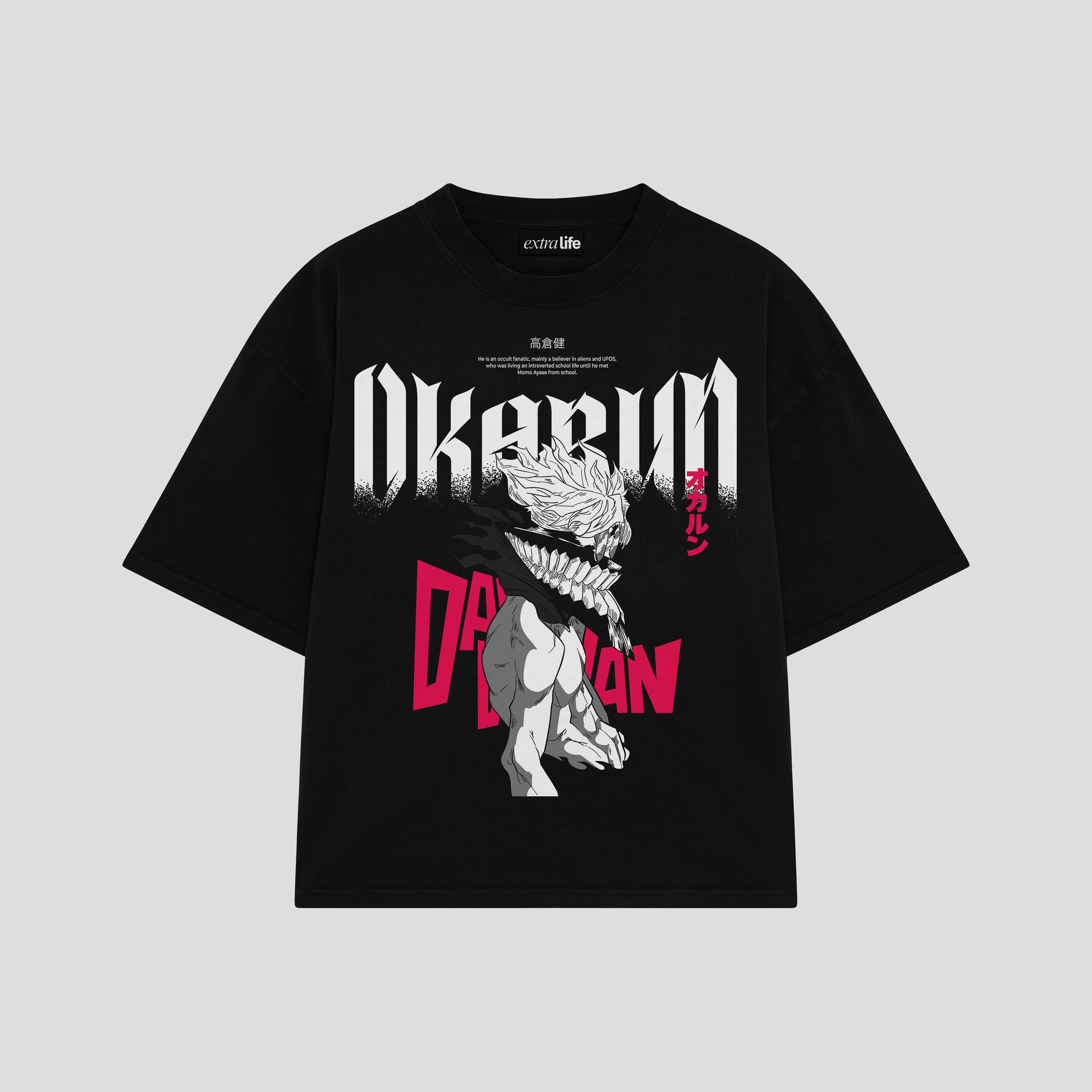 Playera streetwear premium de anime y gaming ExtraLife MX, corte boxy oversized drop shoulder heavyweight en color Deep Black y Off-White, moda urbana mexicana de culto.