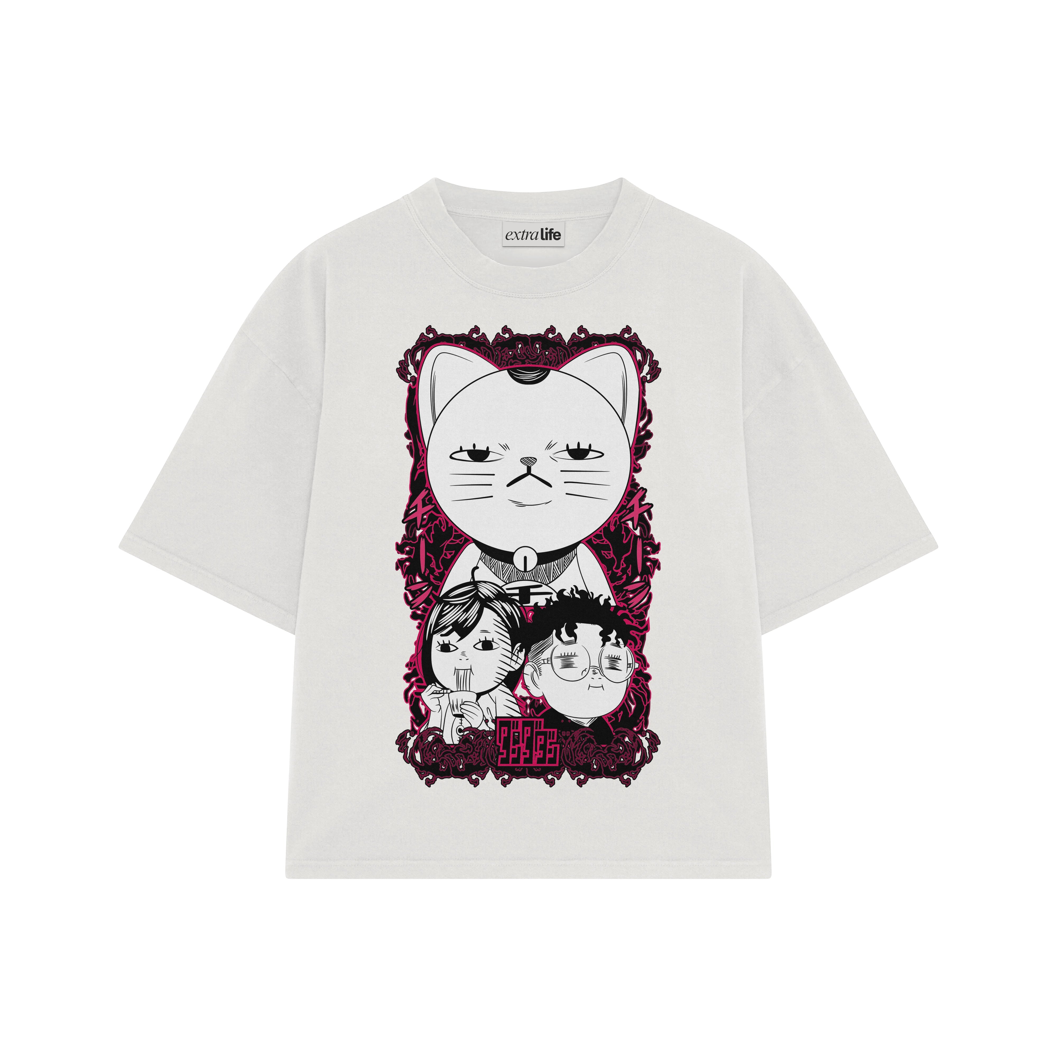 Playera streetwear premium de anime y gaming ExtraLife MX, corte boxy oversized drop shoulder heavyweight en color Deep Black y Off-White, moda urbana mexicana de culto.