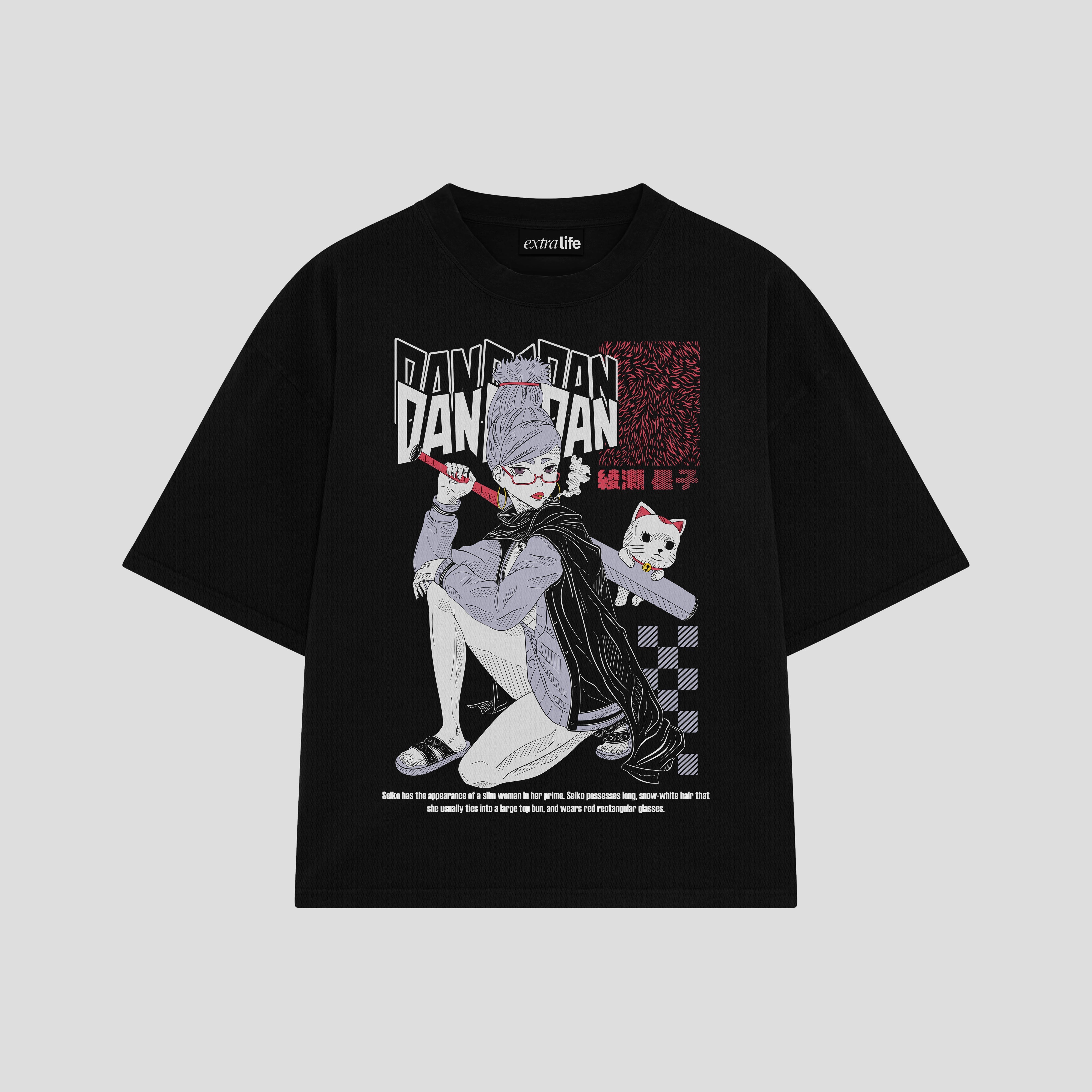 Playera streetwear premium de anime y gaming ExtraLife MX, corte boxy oversized drop shoulder heavyweight en color Deep Black y Off-White, moda urbana mexicana de culto.
