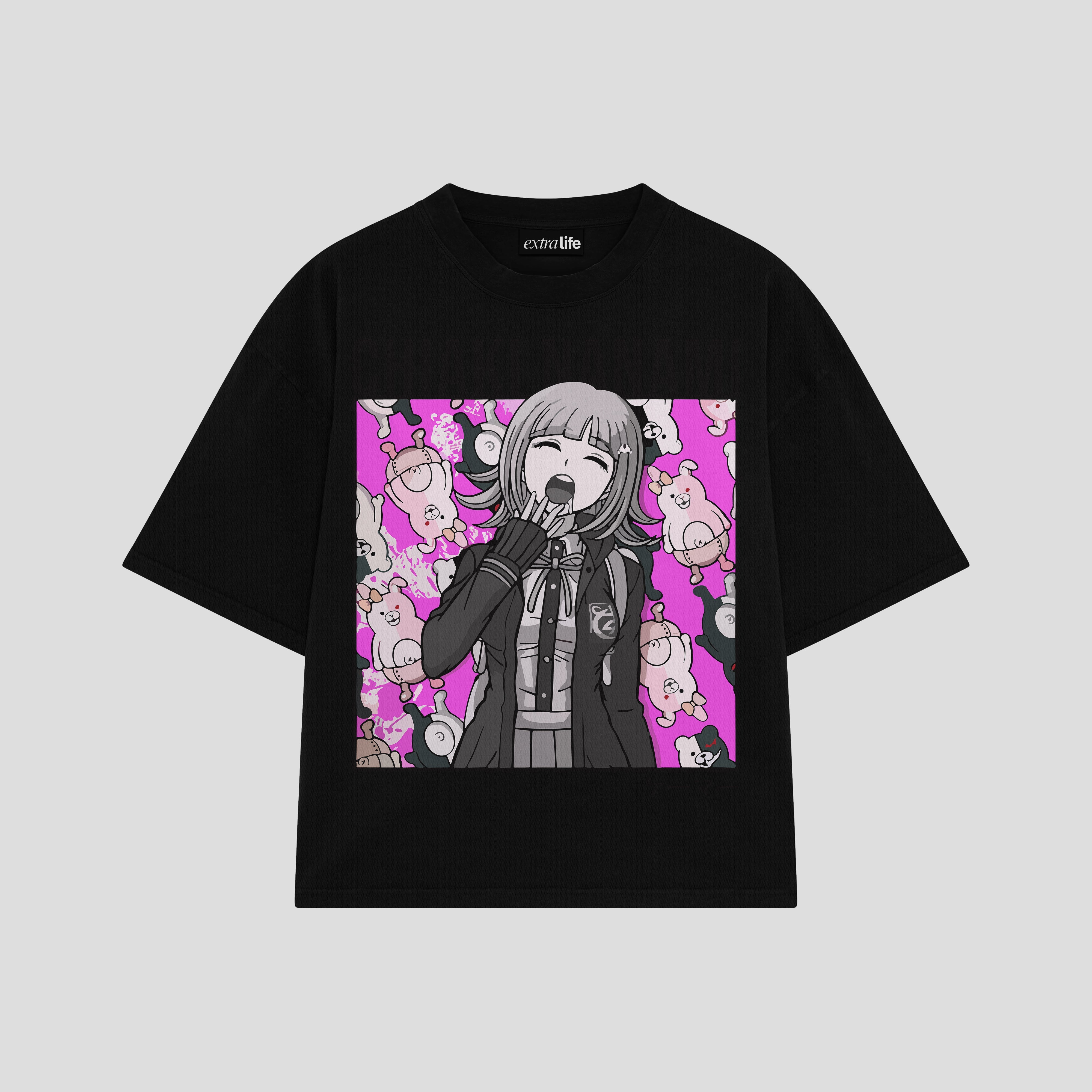 Playera streetwear premium de anime y gaming ExtraLife MX, corte boxy oversized drop shoulder heavyweight en color Deep Black y Off-White, moda urbana mexicana de culto.