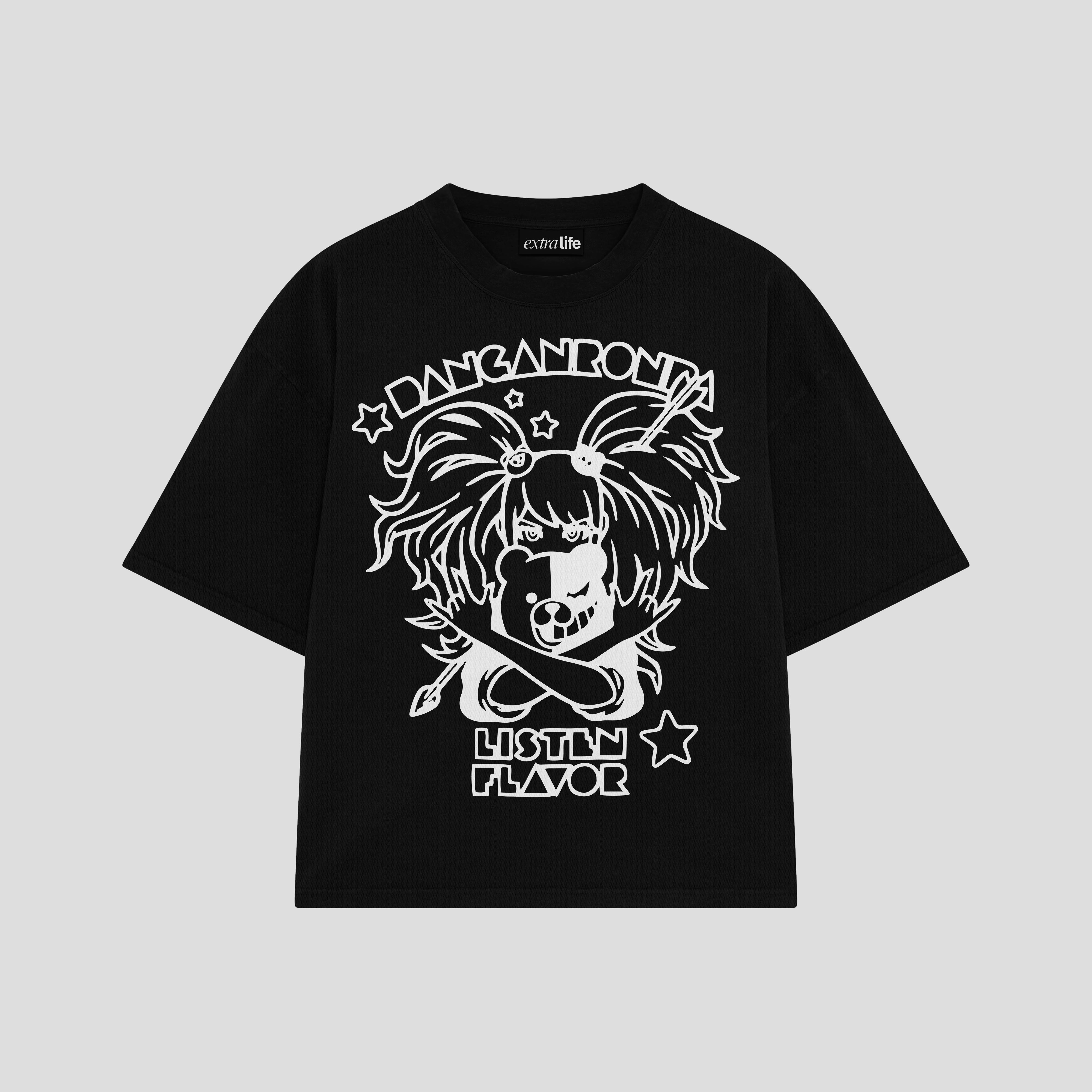 Playera streetwear premium de anime y gaming ExtraLife MX, corte boxy oversized drop shoulder heavyweight en color Deep Black y Off-White, moda urbana mexicana de culto.
