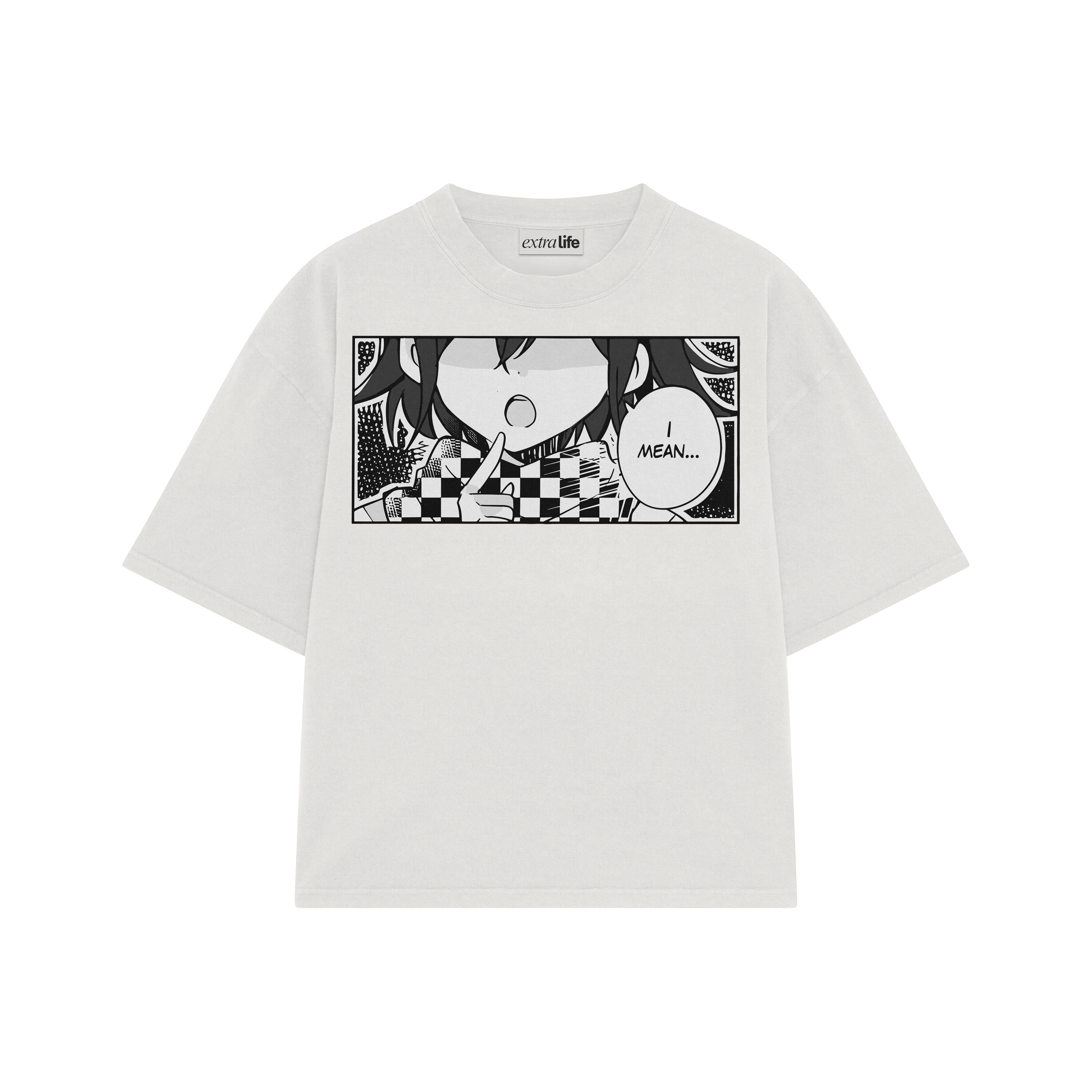 Playera streetwear premium de anime y gaming ExtraLife MX, corte boxy oversized drop shoulder heavyweight en color Deep Black y Off-White, moda urbana mexicana de culto.