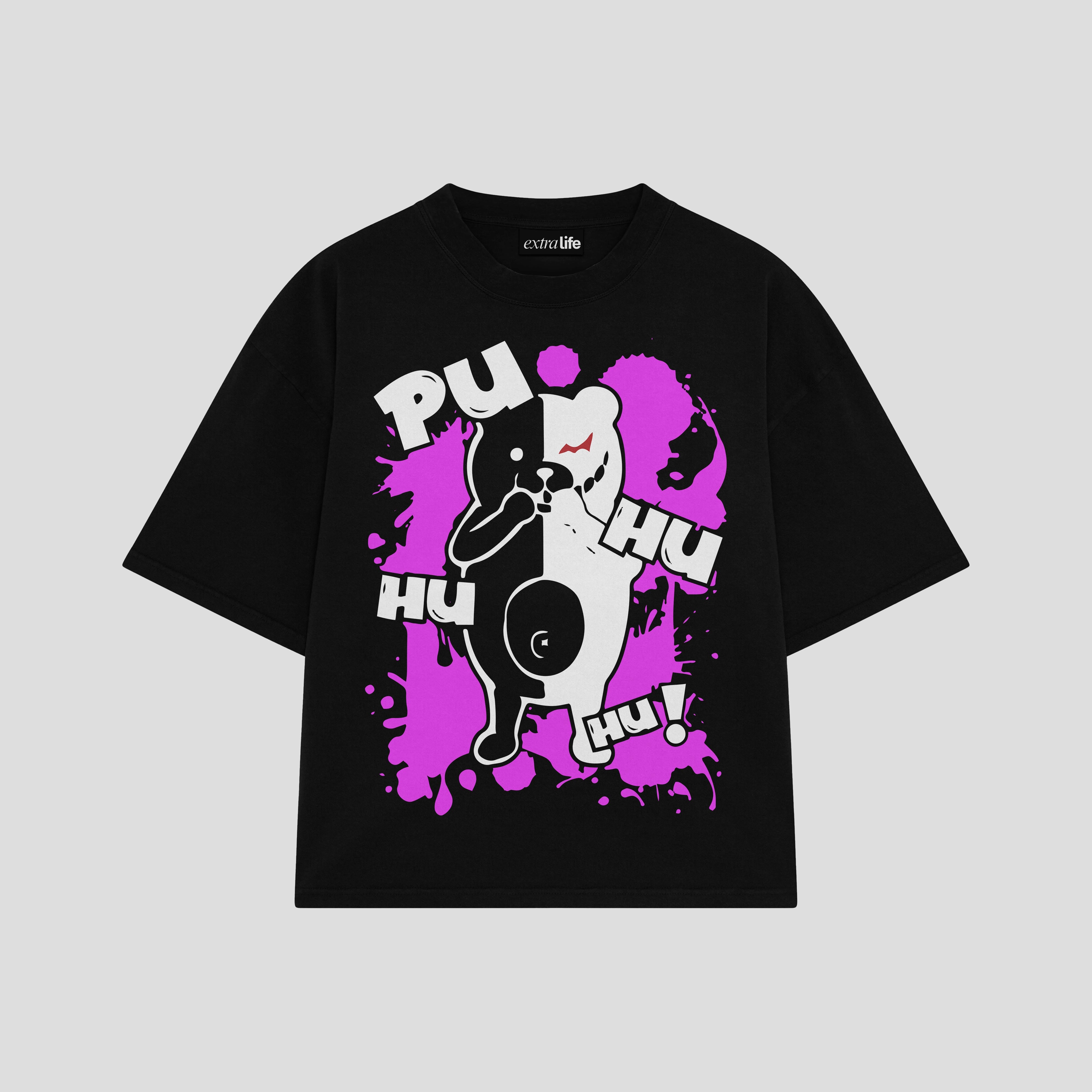Playera streetwear premium de anime y gaming ExtraLife MX, corte boxy oversized drop shoulder heavyweight en color Deep Black y Off-White, moda urbana mexicana de culto.
