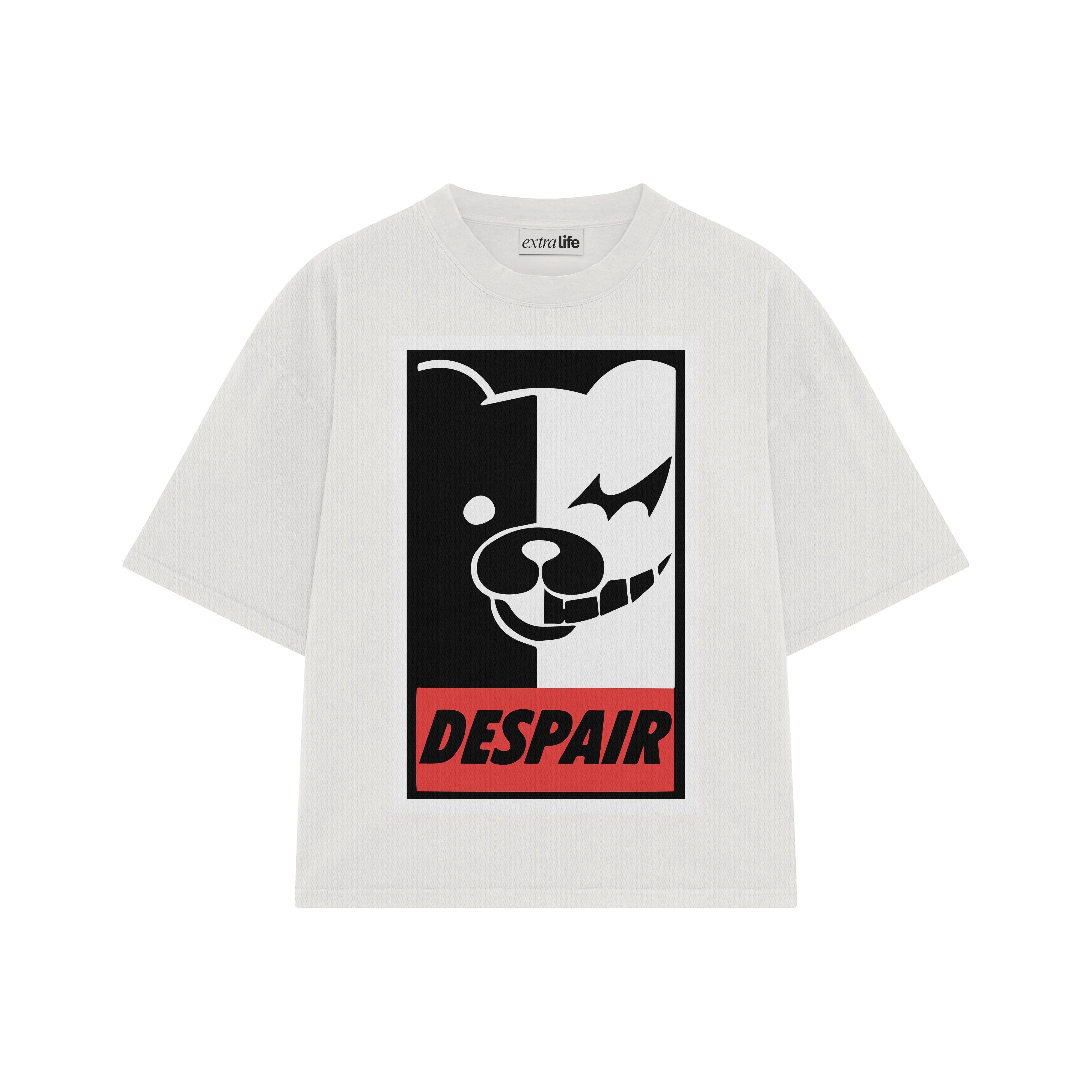 Playera streetwear premium de anime y gaming ExtraLife MX, corte boxy oversized drop shoulder heavyweight en color Deep Black y Off-White, moda urbana mexicana de culto.