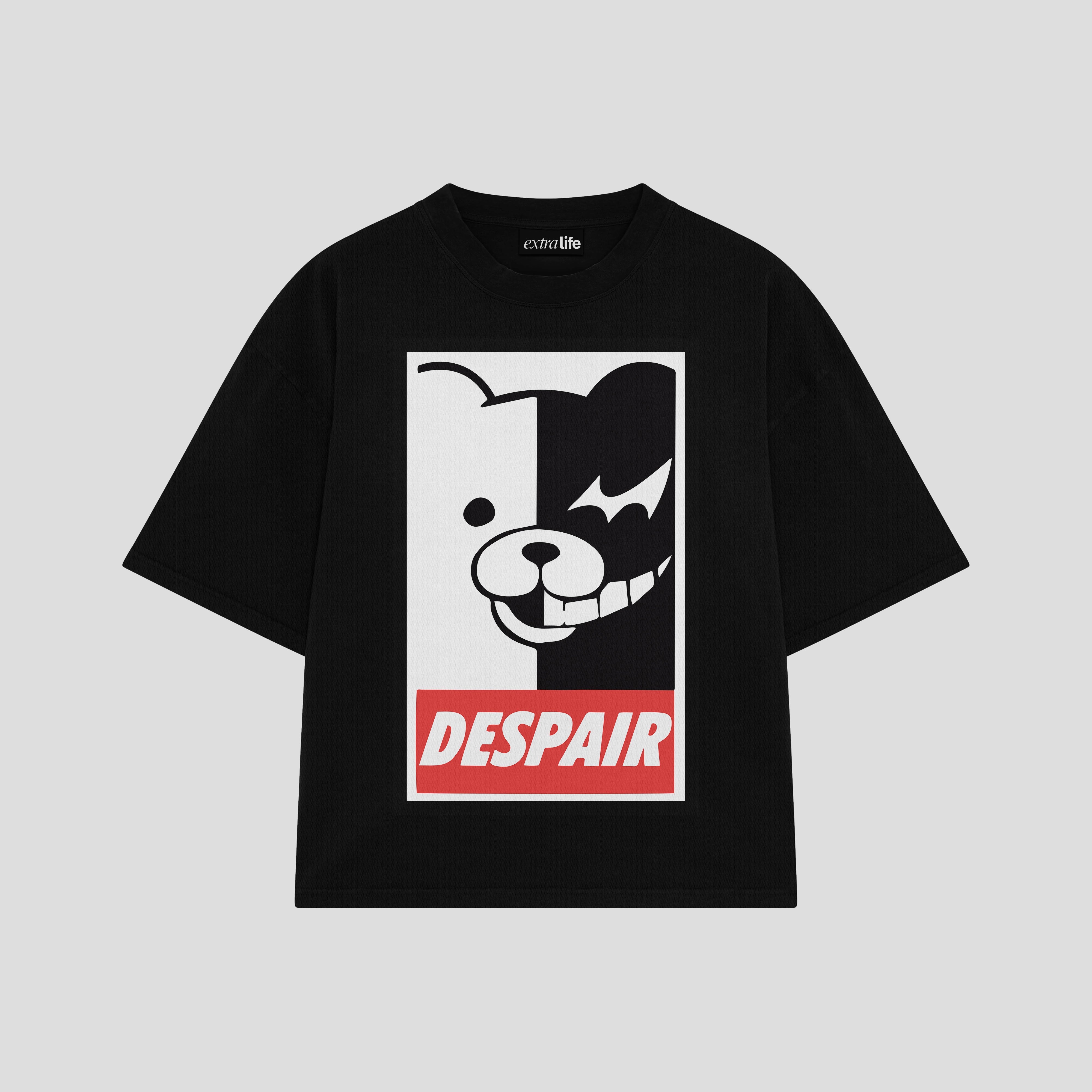 Playera streetwear premium de anime y gaming ExtraLife MX, corte boxy oversized drop shoulder heavyweight en color Deep Black y Off-White, moda urbana mexicana de culto.
