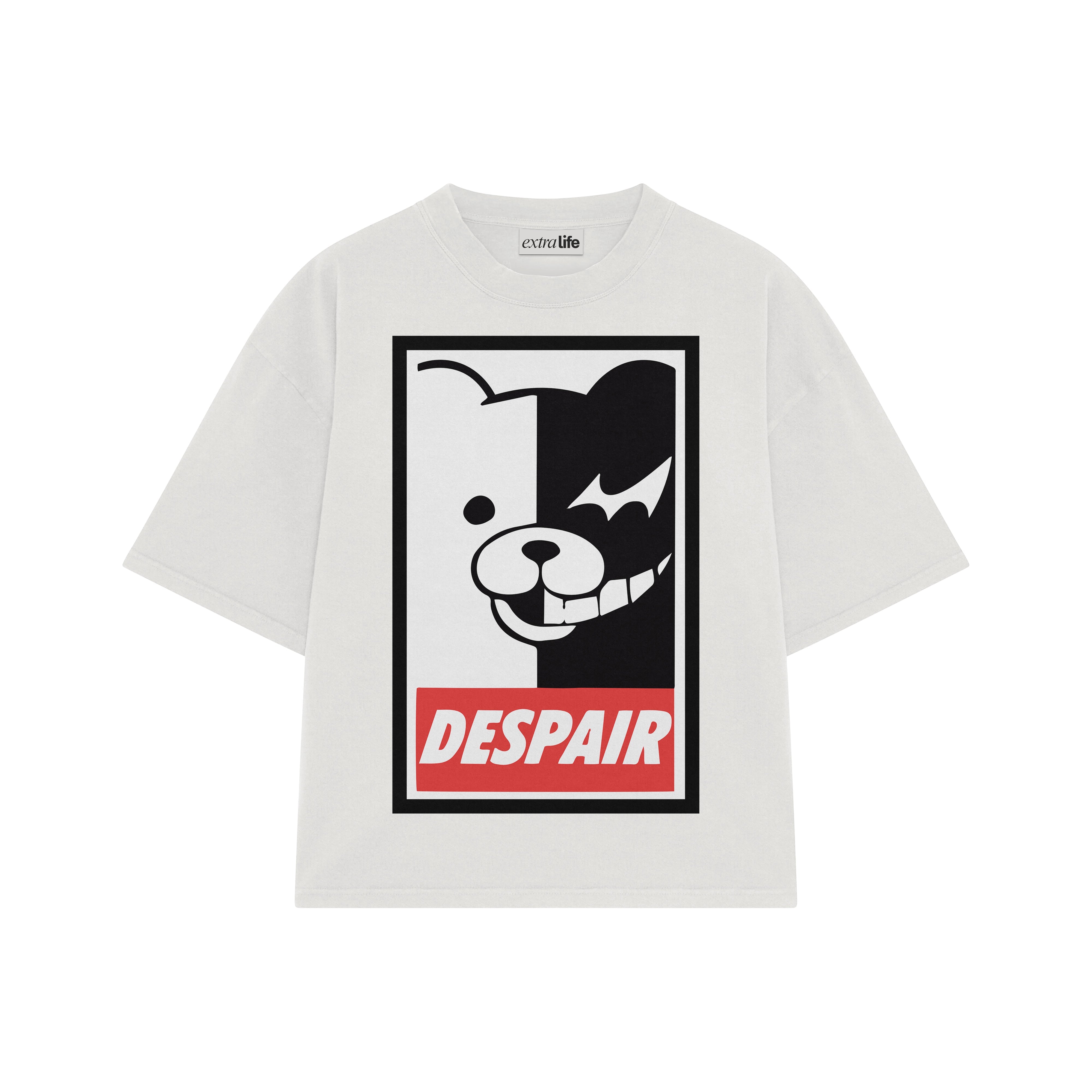 Playera streetwear premium de anime y gaming ExtraLife MX, corte boxy oversized drop shoulder heavyweight en color Deep Black y Off-White, moda urbana mexicana de culto.