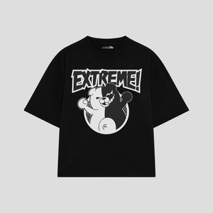 Playera streetwear premium de anime y gaming ExtraLife MX, corte boxy oversized drop shoulder heavyweight en color Deep Black y Off-White, moda urbana mexicana de culto.