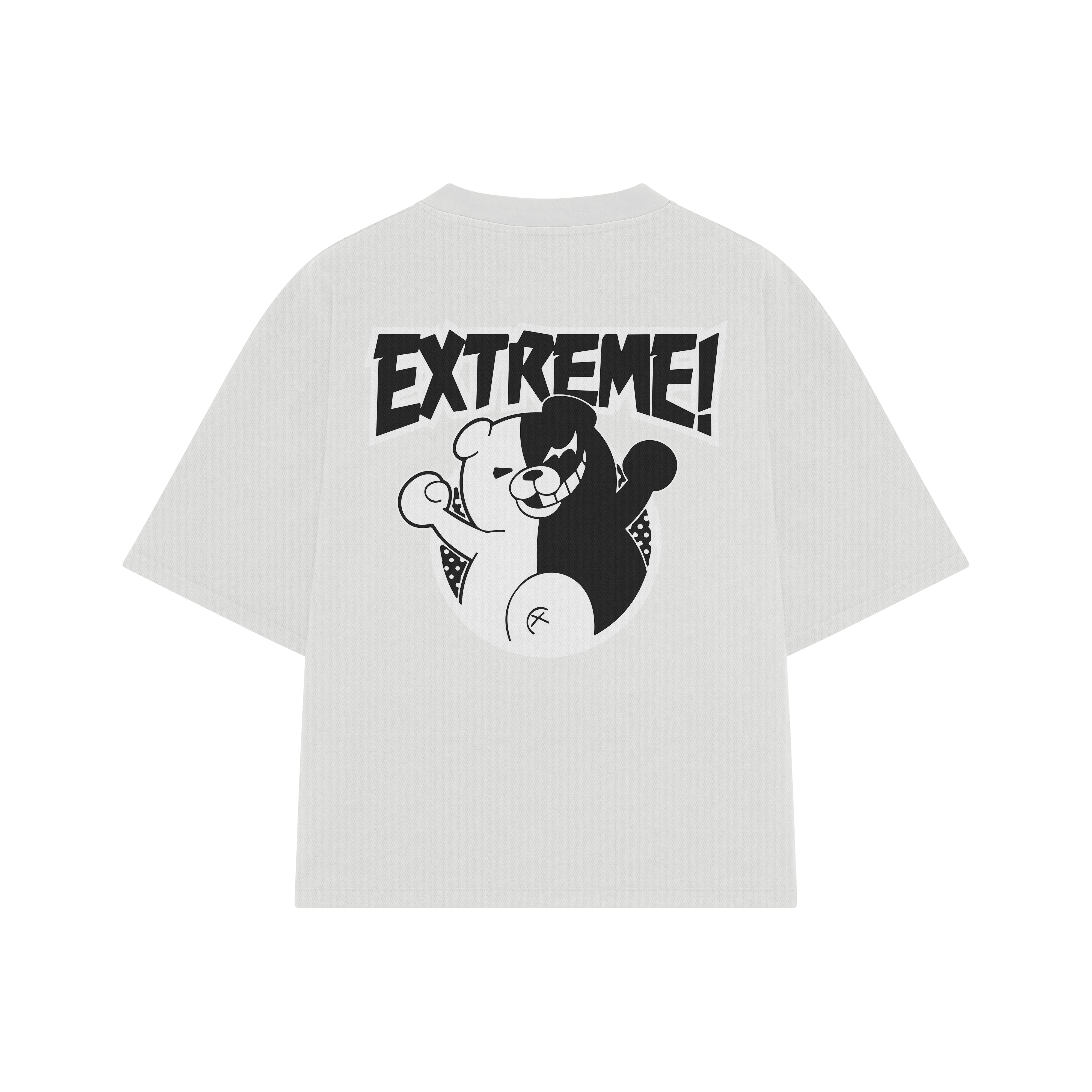 Playera streetwear premium de anime y gaming ExtraLife MX, corte boxy oversized drop shoulder heavyweight en color Deep Black y Off-White, moda urbana mexicana de culto.