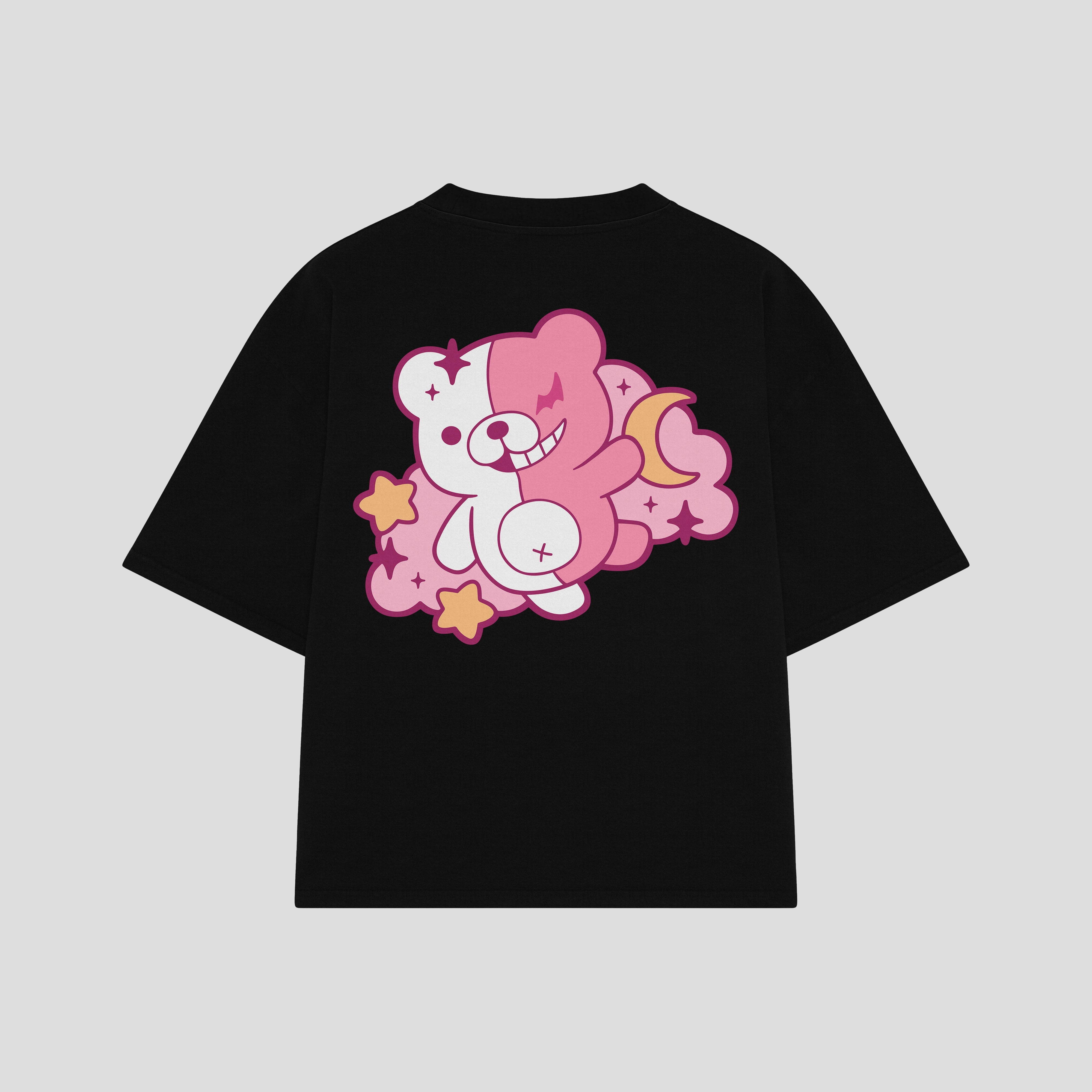 Playera streetwear premium de anime y gaming ExtraLife MX, corte boxy oversized drop shoulder heavyweight en color Deep Black y Off-White, moda urbana mexicana de culto.