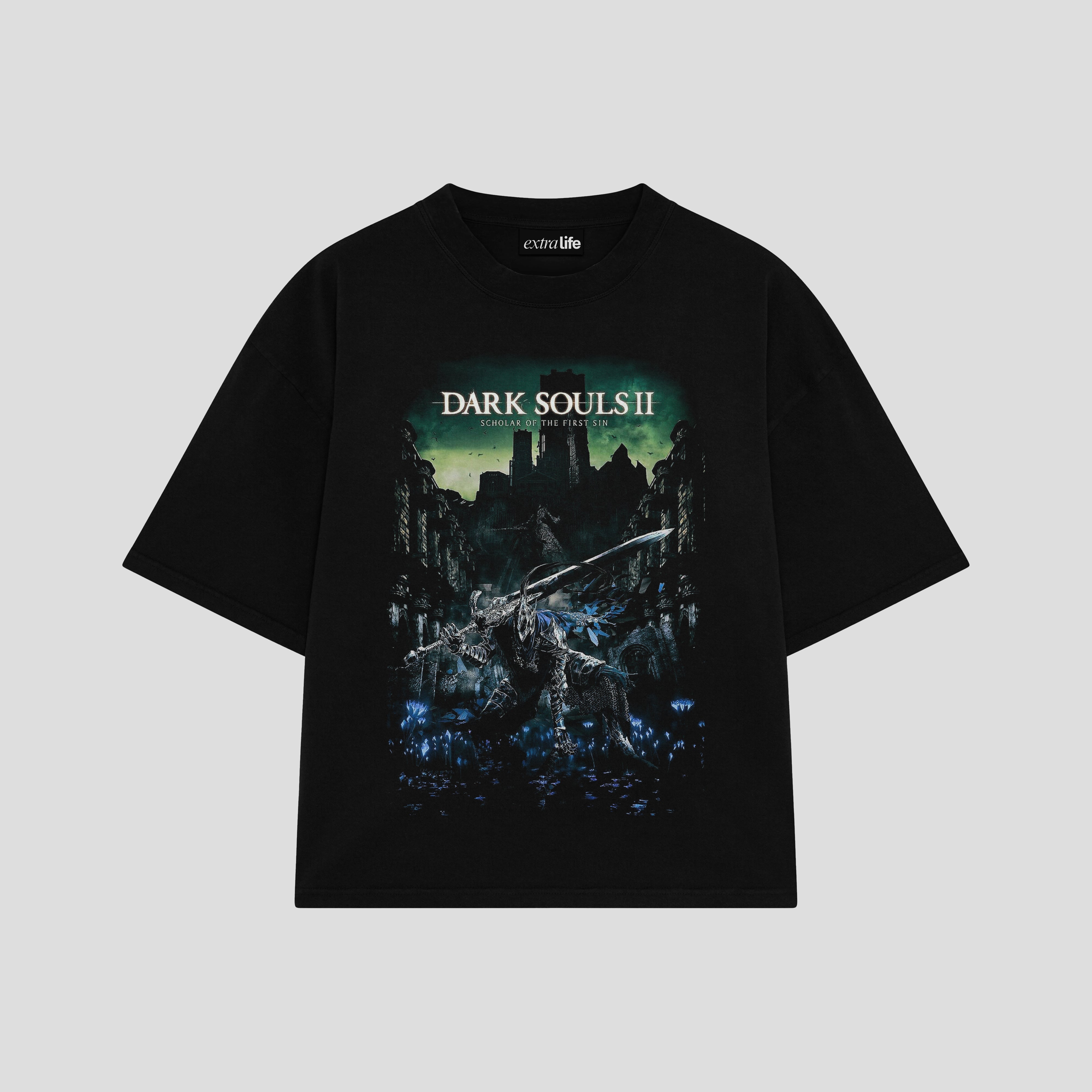 Playera streetwear premium de anime y gaming ExtraLife MX, corte boxy oversized drop shoulder heavyweight en color Deep Black y Off-White, moda urbana mexicana de culto.