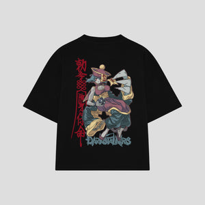 Playera streetwear premium de anime y gaming ExtraLife MX, corte boxy oversized drop shoulder heavyweight en color Deep Black y Off-White, moda urbana mexicana de culto.