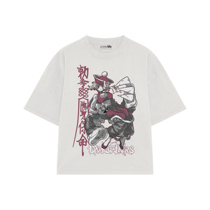 Playera streetwear premium de anime y gaming ExtraLife MX, corte boxy oversized drop shoulder heavyweight en color Deep Black y Off-White, moda urbana mexicana de culto.
